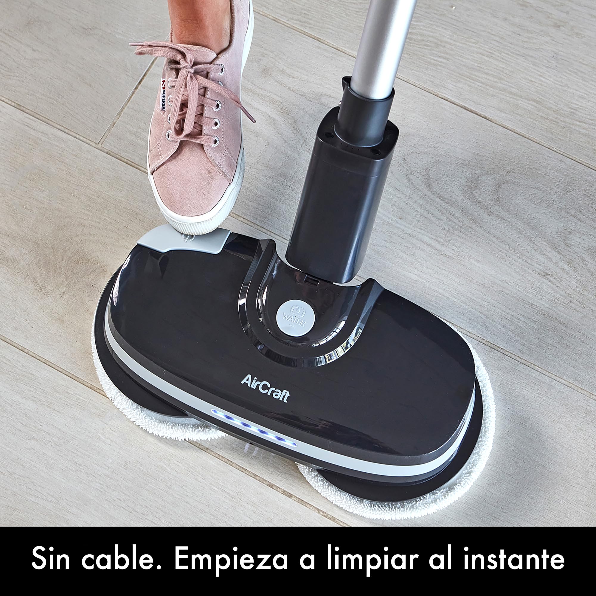 AirCraft Home, PowerGlide Limpiador y Pulidor de Suelos Duros Inalámbrico con 8 Almohadillas, Batería Recargable para Madera, Baldosas, Terrazo y Laminado