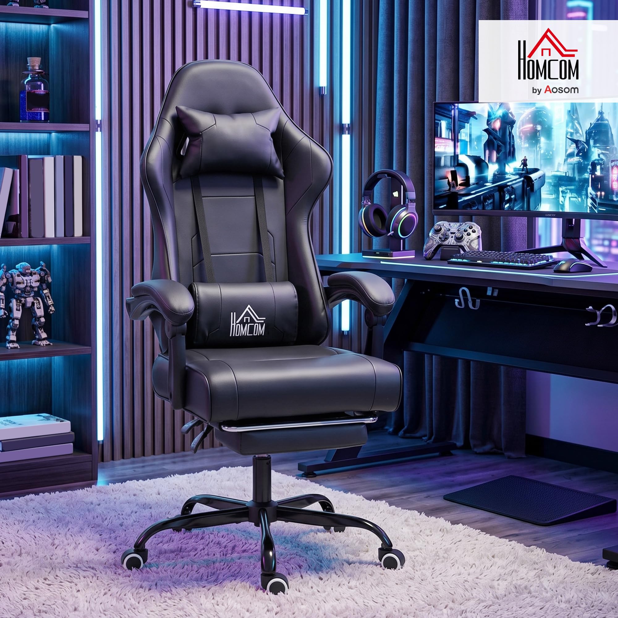 HOMCOM Silla Gaming Ergonómica Sillón Gamer 63 x 66 x 126-134 cm, Negro | Soporte para lumbar, respaldo reclinable, altura ajustable, reposapiés, reposacabezas, muebles de oficina