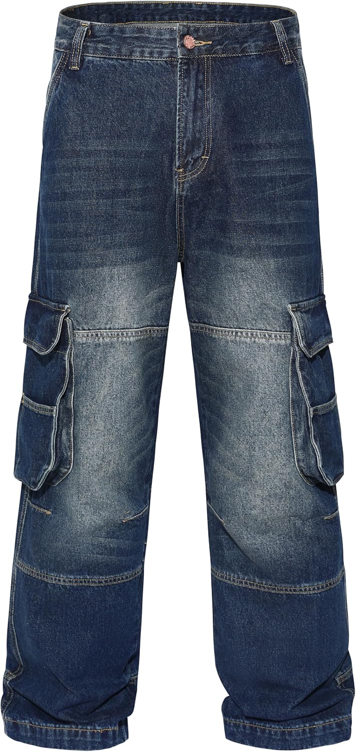 Men's Y2K Hip Hop Baggy Cargo Jeans Loose Fit Wide Leg Denim Pants Casual Streetwear Trousers - Image 5