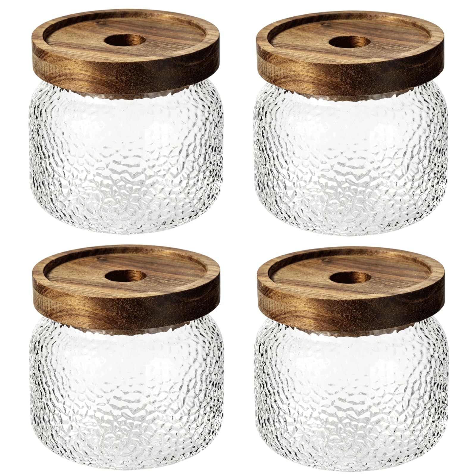 4 Stk. Vorratsgläser aus gehärtetem Glas mit Holzdeckel, 10 Fl Oz je Glas, luftdicht, gehämmerte Struktur, transparent, für Kaffee, Tee, Gewürze, Getreide, Küche, Wohndekoration