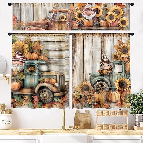 Miniatura 10 de IFFVGX16 Juego de 3 piezas de cortinas y cenefas de cocina con girasol y bolsillo para varilla - 58 pulgadas de ancho x 14 pulgadas de alto + (28