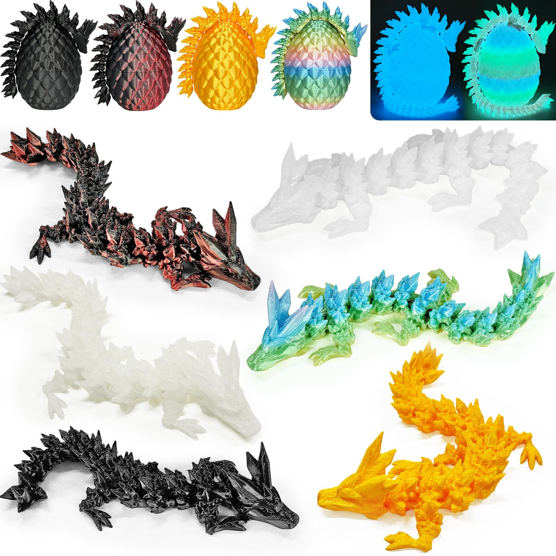 Taechalingo 6er 3D-Gedruckter Drache mit Drachenei,13CM Geheimnisvolle Drachenei mit Drache im Inneren,Drachenei Leuchtend,Mini 3D Gedruckter Beweglicher Drachen,für Easter Weihnachtstag Dekoration