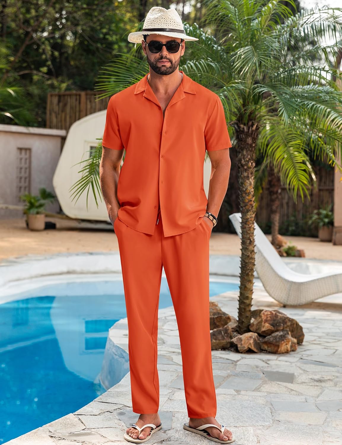 LecGee Men Summer Casual Short Sleeve Pant Sets Solid Button Down Shirt Elastic Pants 2 Piece Outfits Beach Tracksuit - Image 4