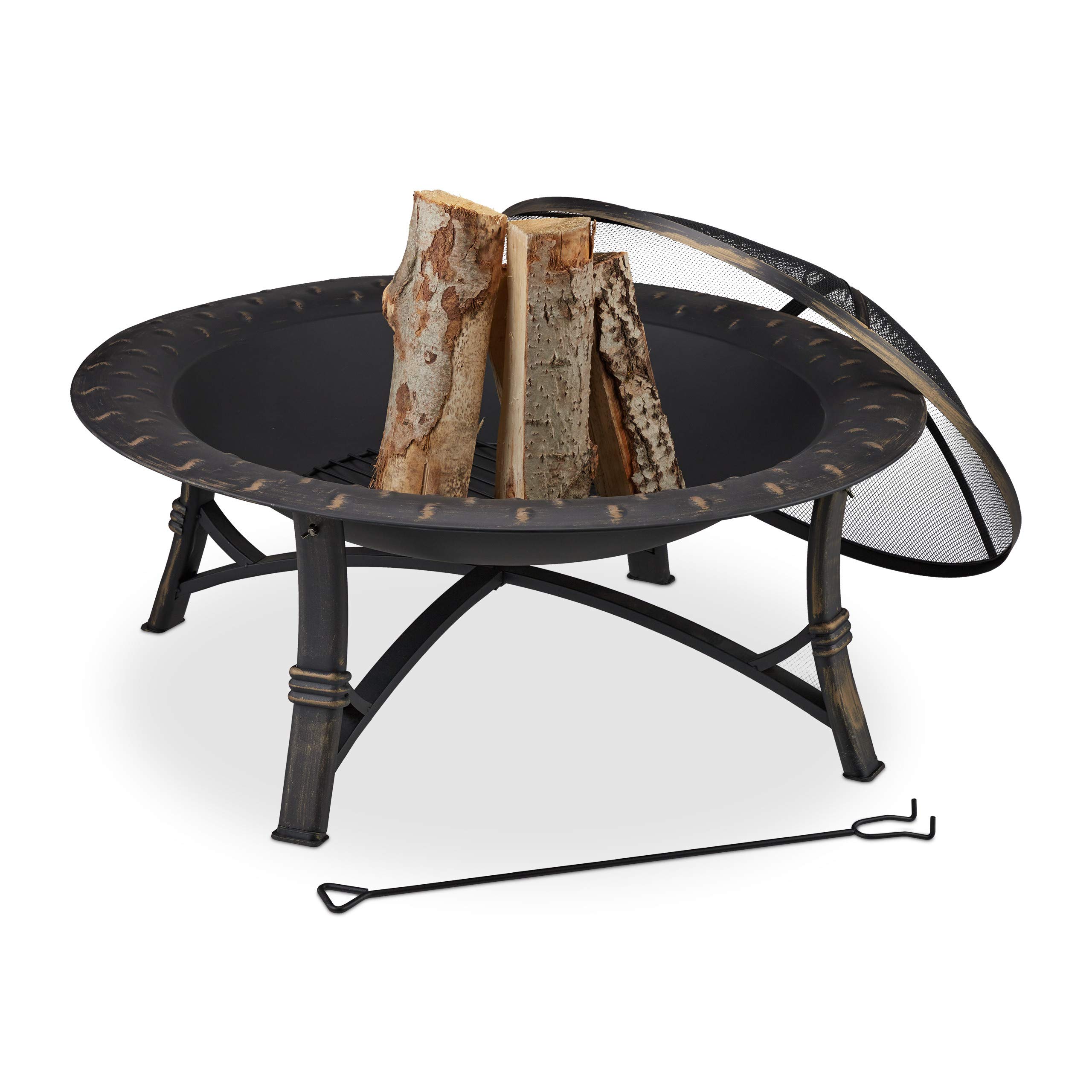 Relaxdays Fire Bowl with Spark Protection, H x D: 52 x 90 cm, with Poker, Garden & Patio, Outdoor Fire Pit, Black