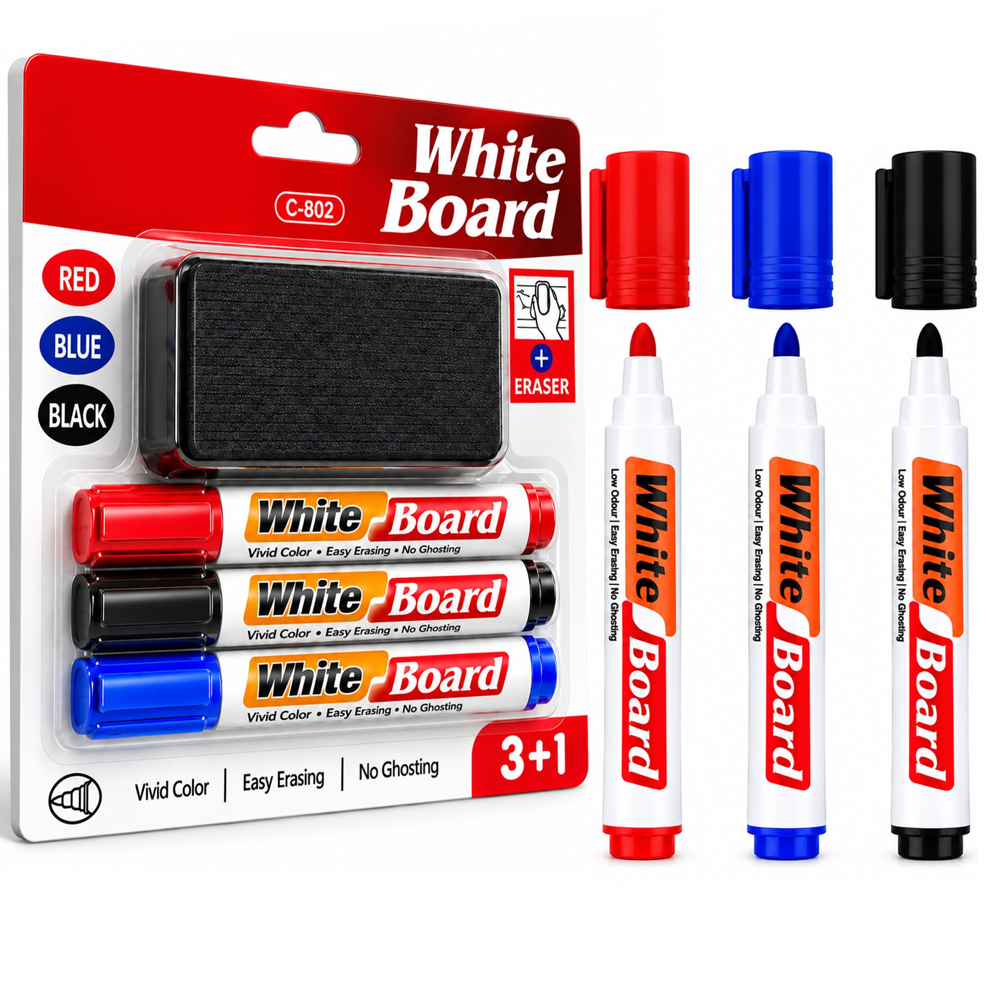 kliffoo whiteboard markers with duster set, 3 color bold point marker pens (blue, black & red) with board eraser, refillable & erasable ink, white board marker for office, school & classroom