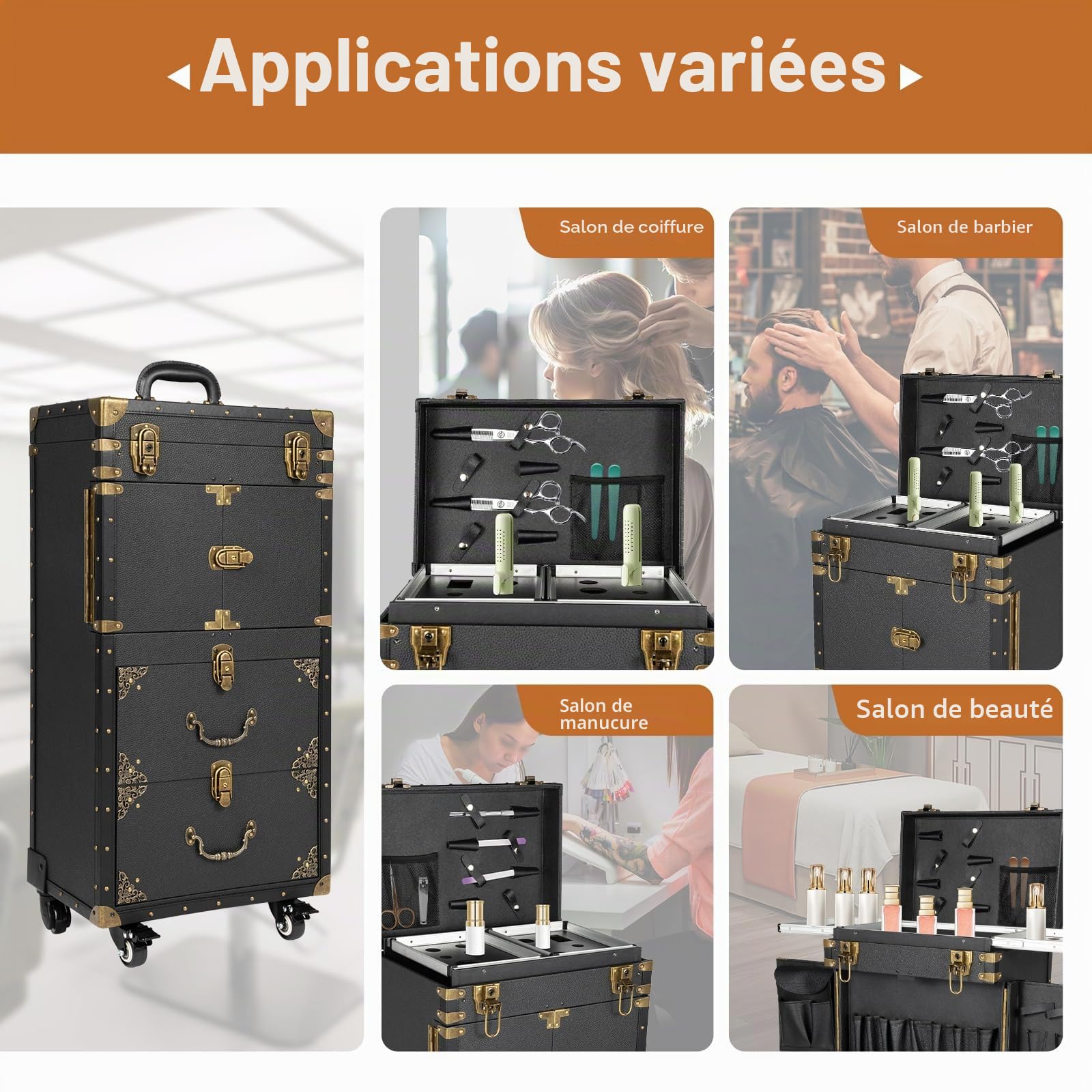 Valise de Maquillage à roulettes avec SèChe-Cheveux Support | Malette Professionnelle pour Onglerie et Coiffure avec 3 Tiroirs et Système de Verrouillage, Plusieurs Compartiments, Noir