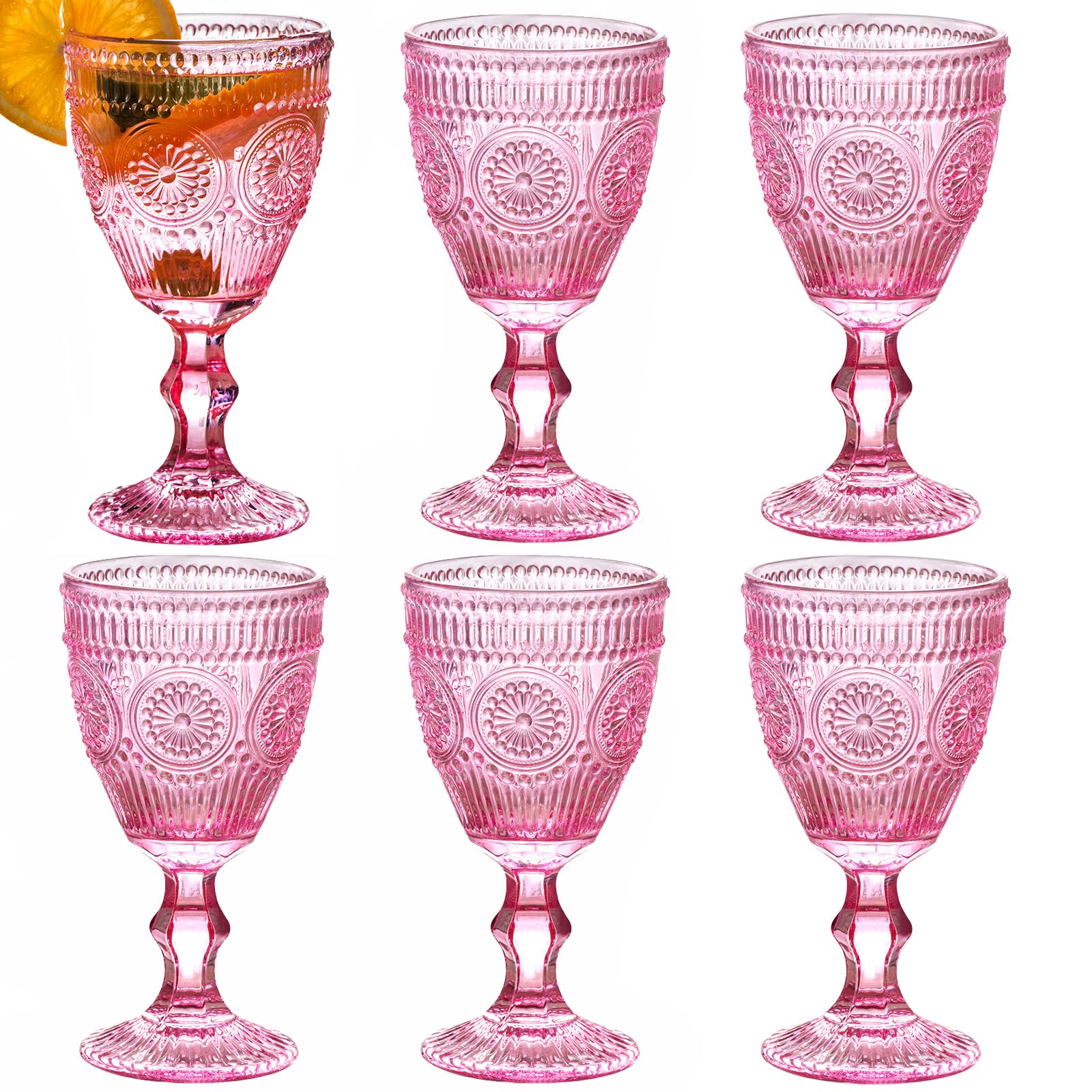 megarte Wine Vintage Glasses Goblets - 6pcs Pink Antique Drinking Glassware - 10 oz Bulk Embossed Champagne For Wedding Party Baby Showers Bar Christmas Holiday Juice Beverage Water