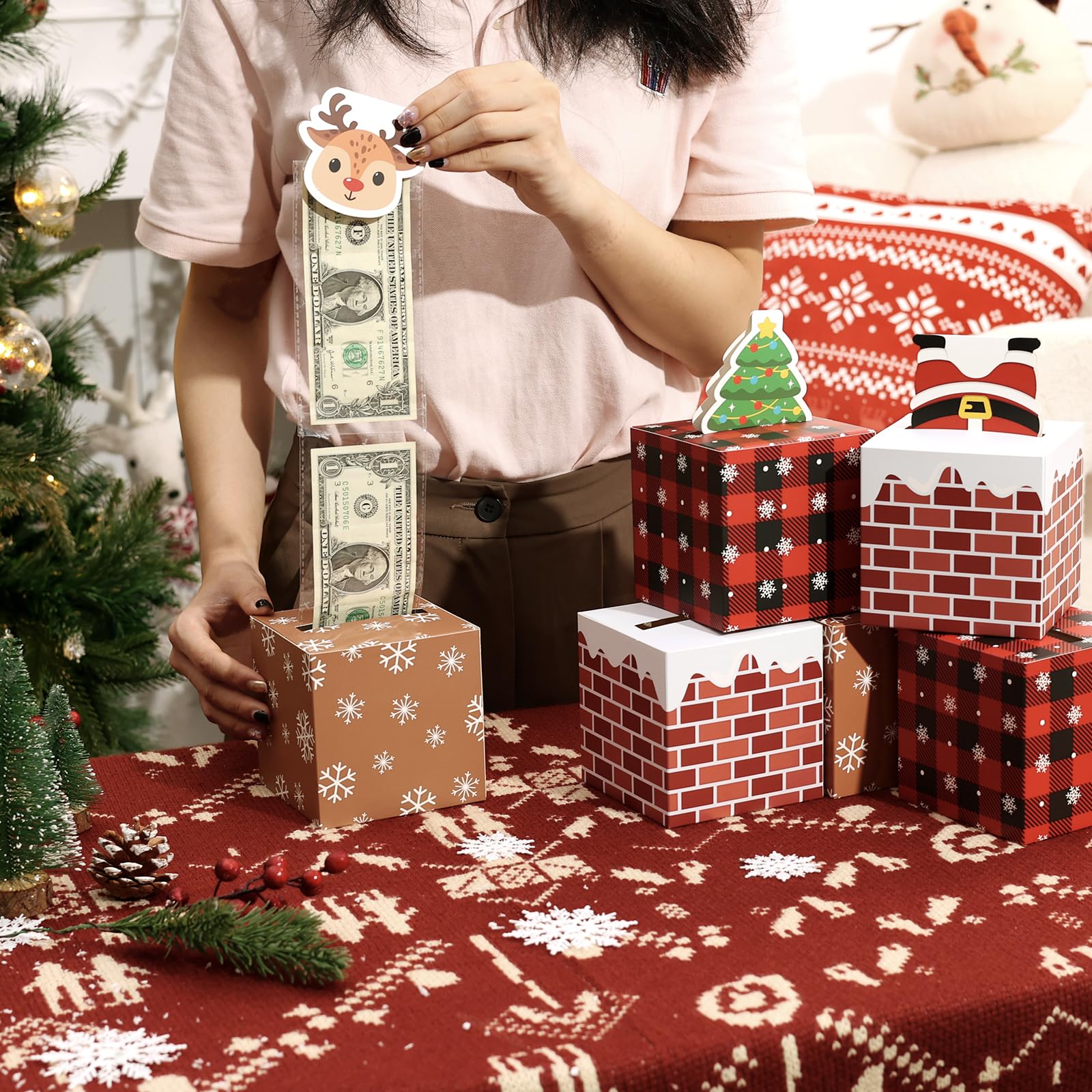 Christmas Money Pull Boxes - 6PCS Surprise Cash Gift Holders With Santa & Reindeer Designs