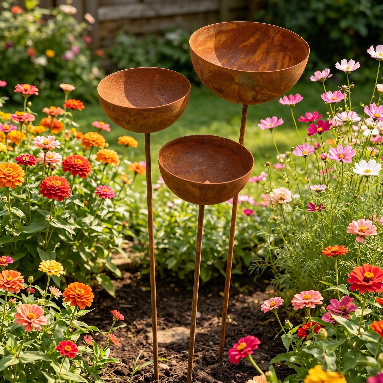 3 Pcs Rain Catcher Garden Stake, Metal Bird Bath Bowl & Bird Feeder, Multi-Purpose Portable Rainwater Collector, Vintage Standing Wildlife Water Station for Garden Patio Yard Lawn Decor