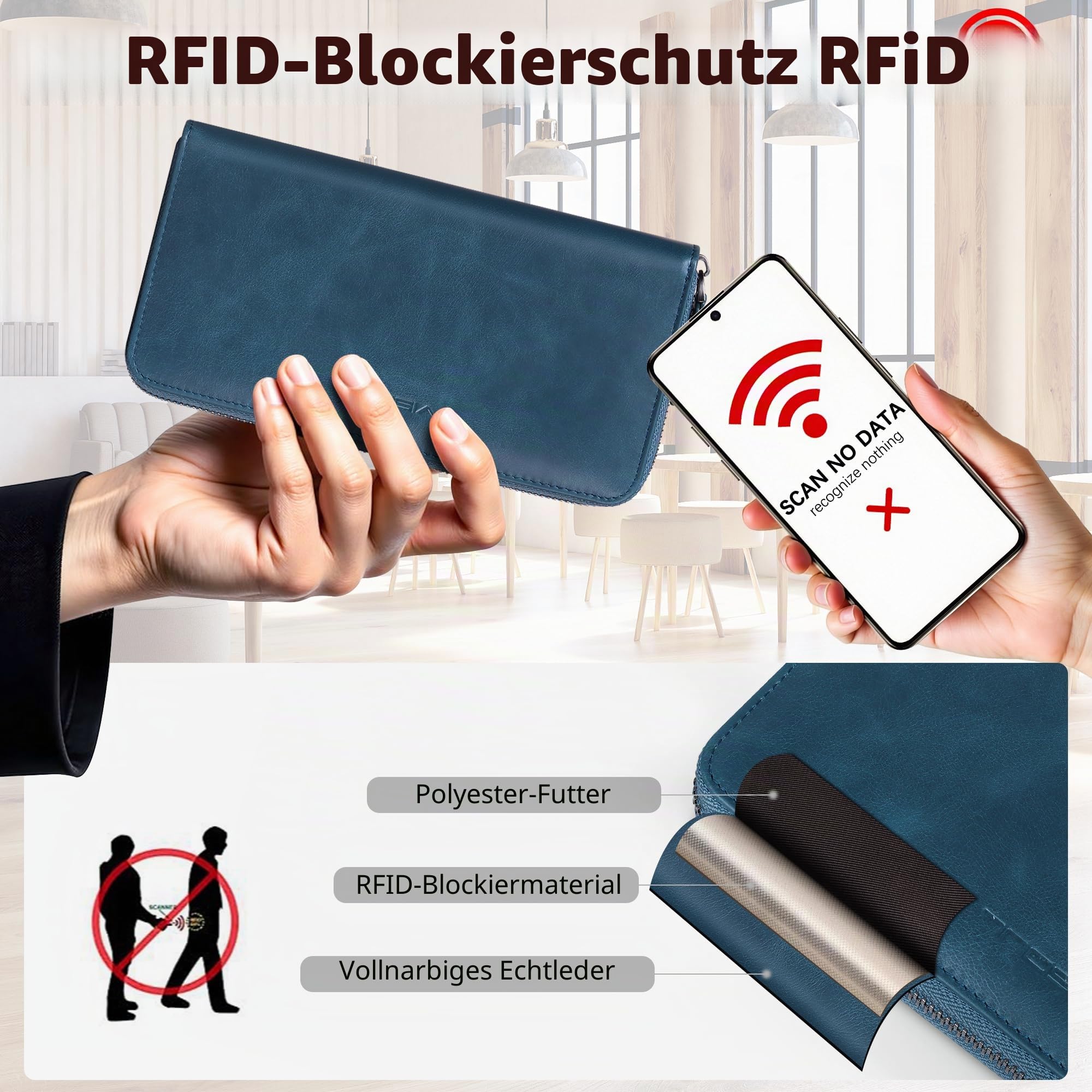 VISOUL Premium Brieftasche Echtleder Italienisches Leder mit RFID Schutz, XL Geldbörse für Herren Damen L02 (Blau)