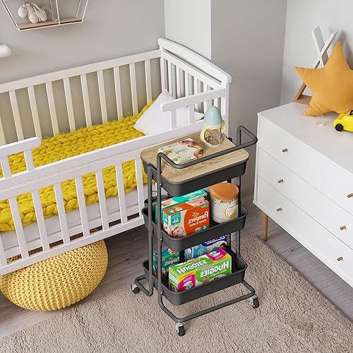 Miniatura 6 de DTK - Carrito giratorio de 3 niveles con tapa para almacenamiento con asa y ruedas de bloqueo carrito de cocina con 2 cestas pequeñas y 4 ganchos