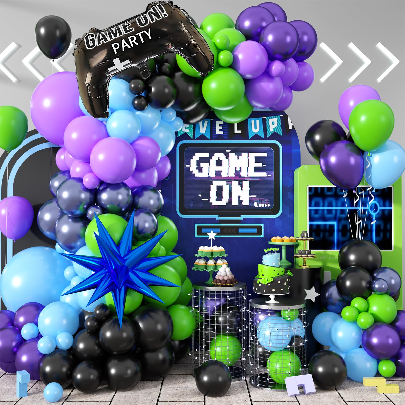 Paready Video Game Balloon Arch, 120 Pcs Blue Purple Green Black Latex Balloon Arch Garland with Blue Star Game Controller Foil Balloon for Boys Men