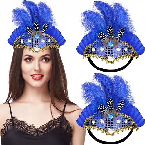 Jutom Diadema de plumas de Mardi Gras de 2 piezas para carnaval espectáculo mascarada tocado de plumas para mujer