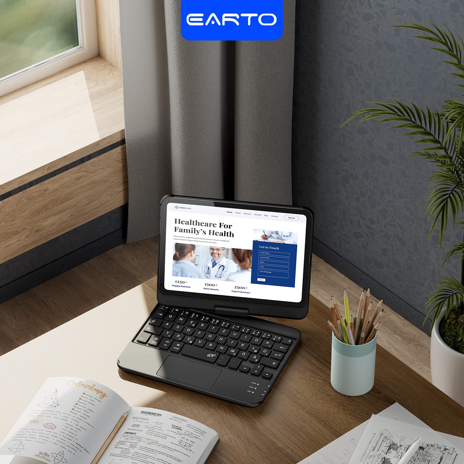 Earto Tastatur Hülle für iPad mini 7/6 8,3 Zoll, Trackpad, 360° drehbar | 7 Farben Tastatur mit Hintergrundbeleuchtung, QWERTZ Layout, Schwarz