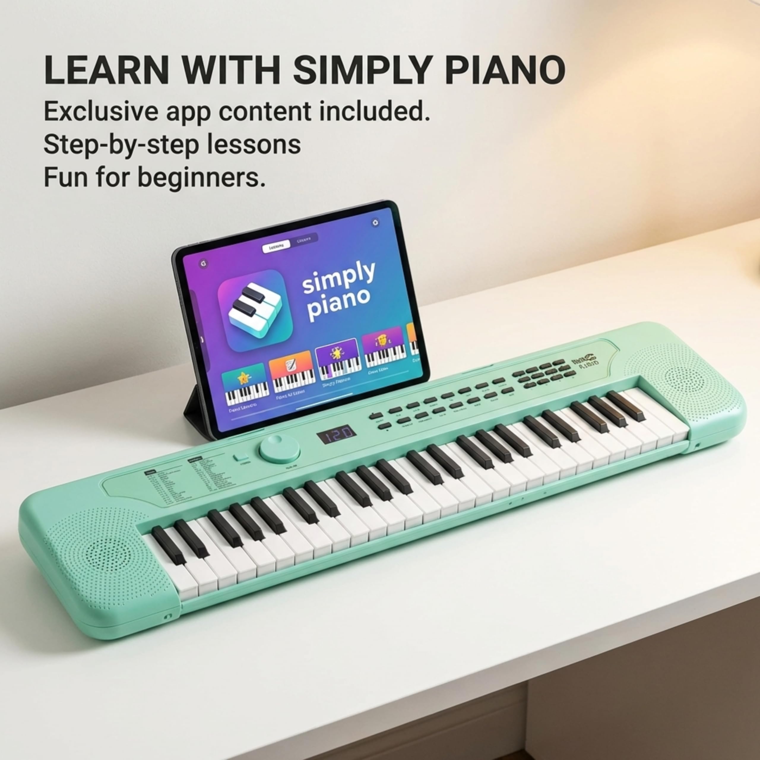 RockJam RJ490MG Mini Teclado Piano de 49 Teclas, Sintetizador Electrónico Portátil Verde menta con USB-C, Altavoces, Jack de Auriculares, 200 Tonos y Ritmos