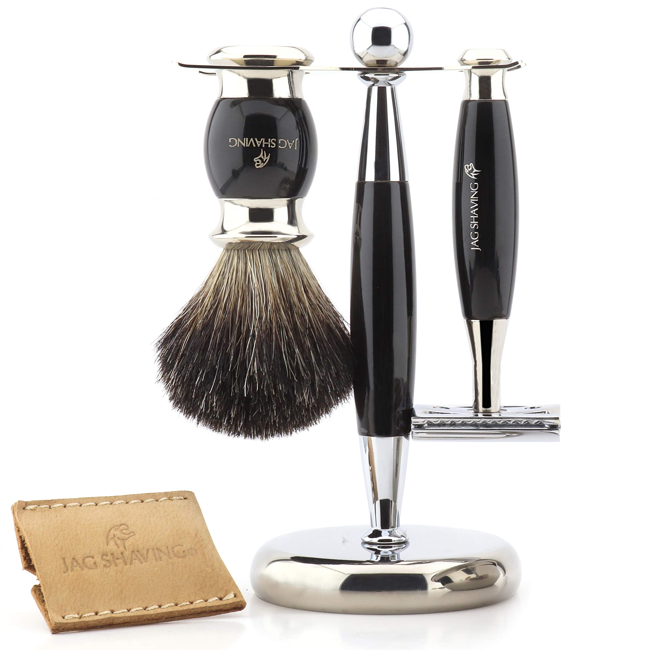Jag Shaving Kit de afeitado para hombre con maquinilla de afeitar de doble filo, cepillo de afeitar de pelo de tejón negro puro, soporte, tazón y bolsa de cuero para afeitar, juego para hombres