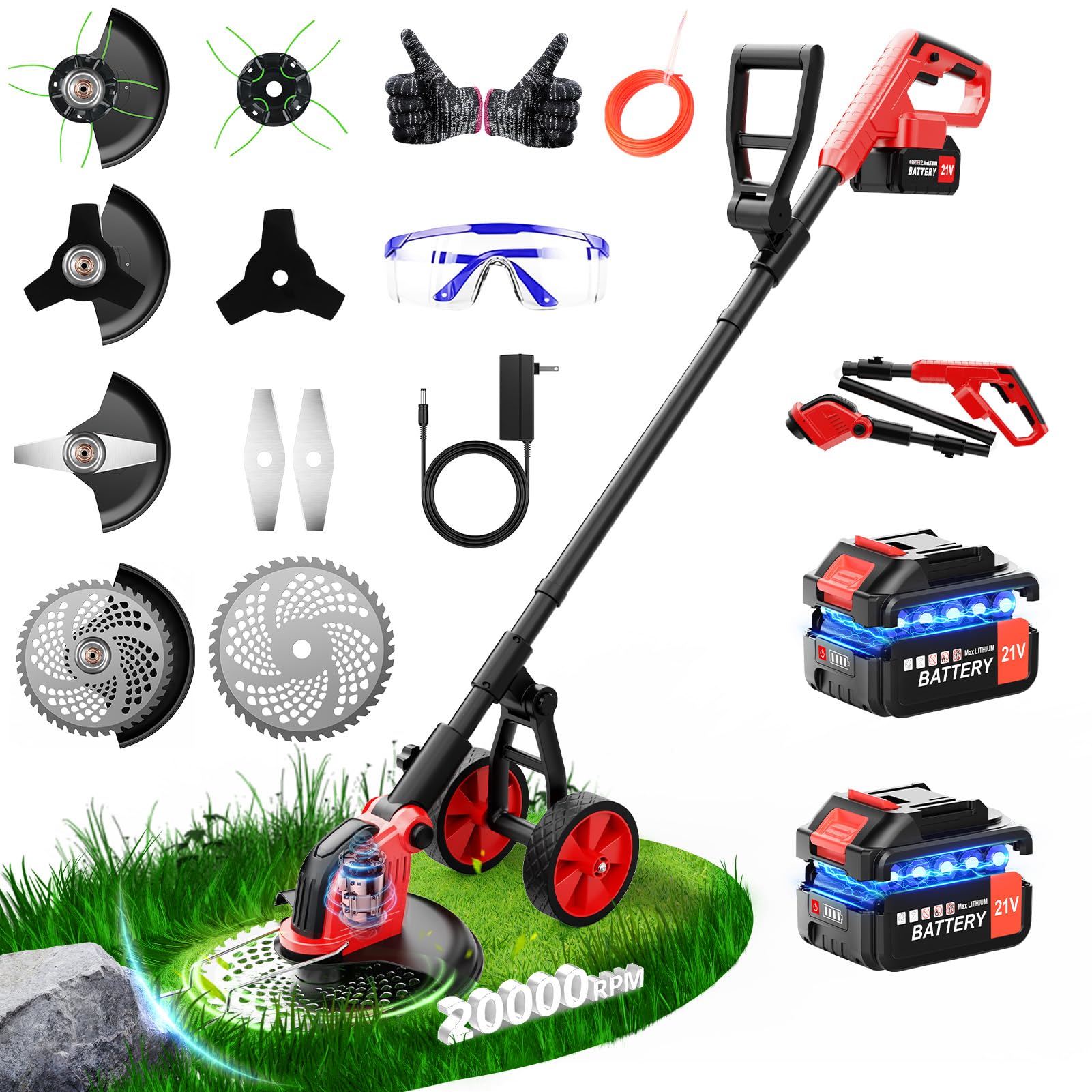 Lacoco 12 Pouces Débroussailleuse à Batterie Debroussailleuse Électrique sans Fil 850W avec 2 * 3.0Ah Batteries 4 Types de Lames Roues Réglable Coupe Bordure Coupe-Herbe à Gazon pour Pelouse Jardin