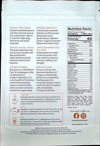 Miniatura 2 de Lunation Hormona Chocolate caliente  Cacao orgánico en polvo y adaptógenos de apoyo  Ingredientes de sincronización de ciclo femenino  hongo moringa