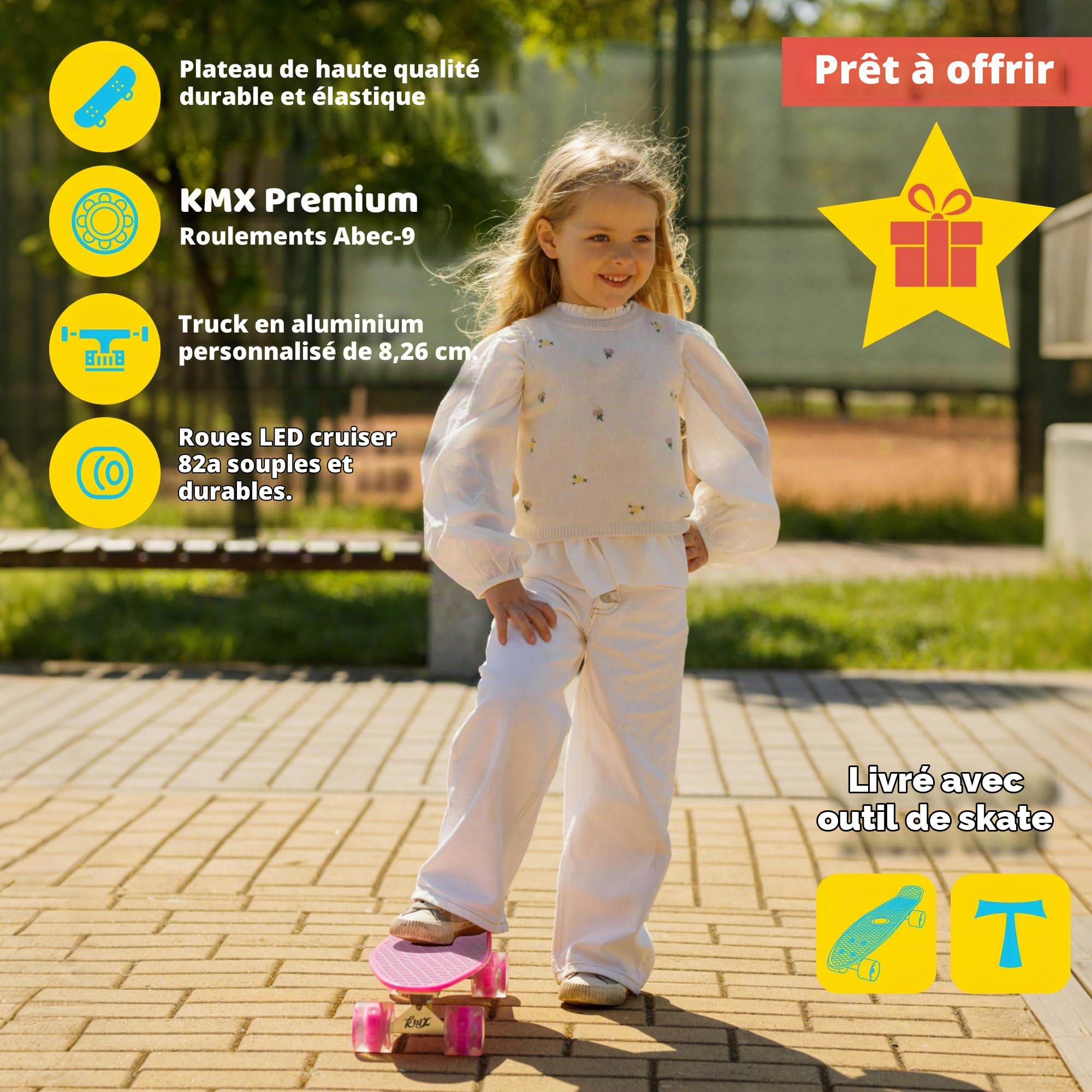 KMX Skateboard Mini Cruiser 22 Pouces pour Enfants,Adultes | Format Compact pour Garçons,Filles,Enfants,Étudiants,Adultes.Roulements Lisse,Roues PU,Trucks Aluminium