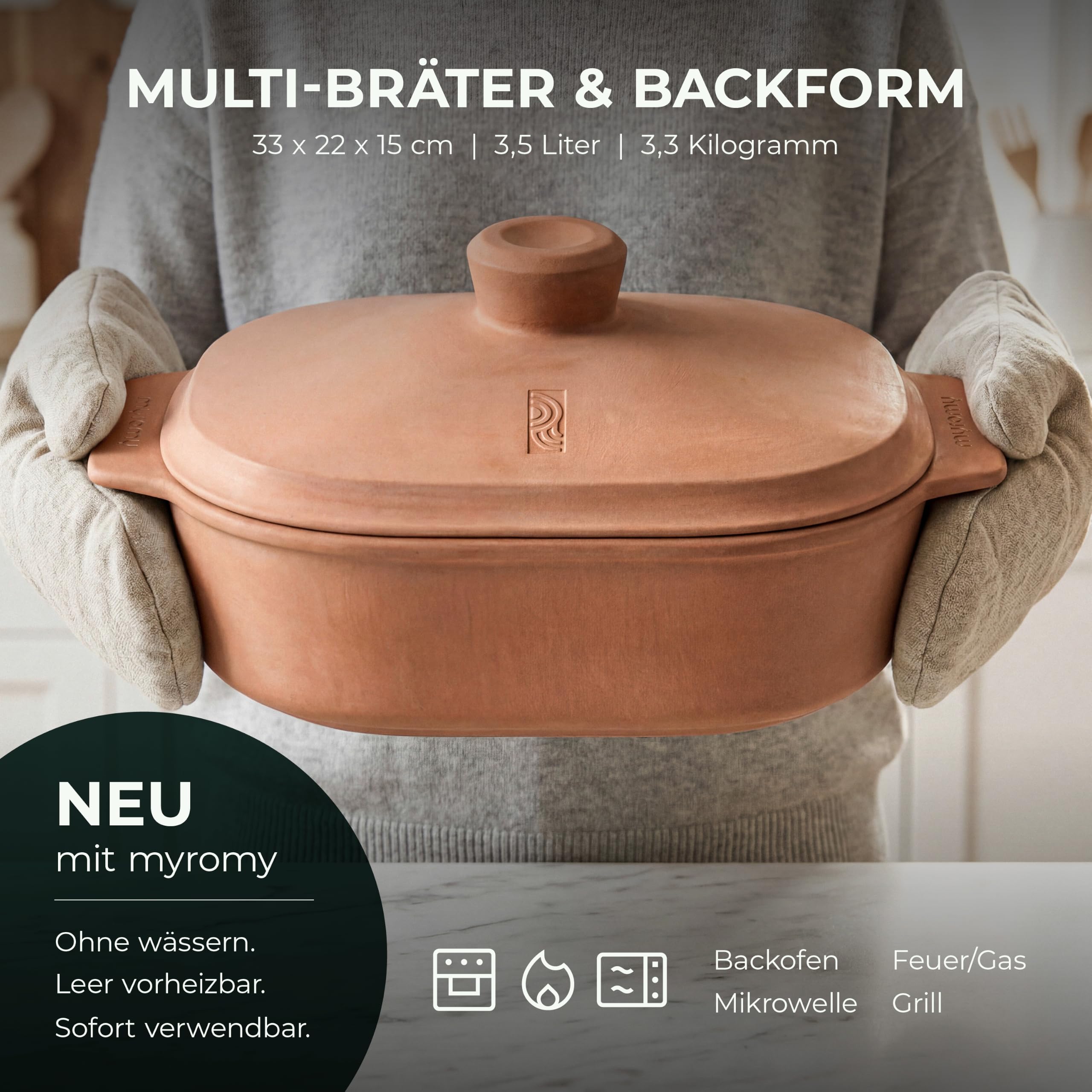 myromy® Multi-Bräter 3,5 L Keramik – Brotbackform Medium | Leer vorheizbar für starken Ofentrieb – 2 Bräter passen nebeneinander in den Backofen, leichter als Gusseisen