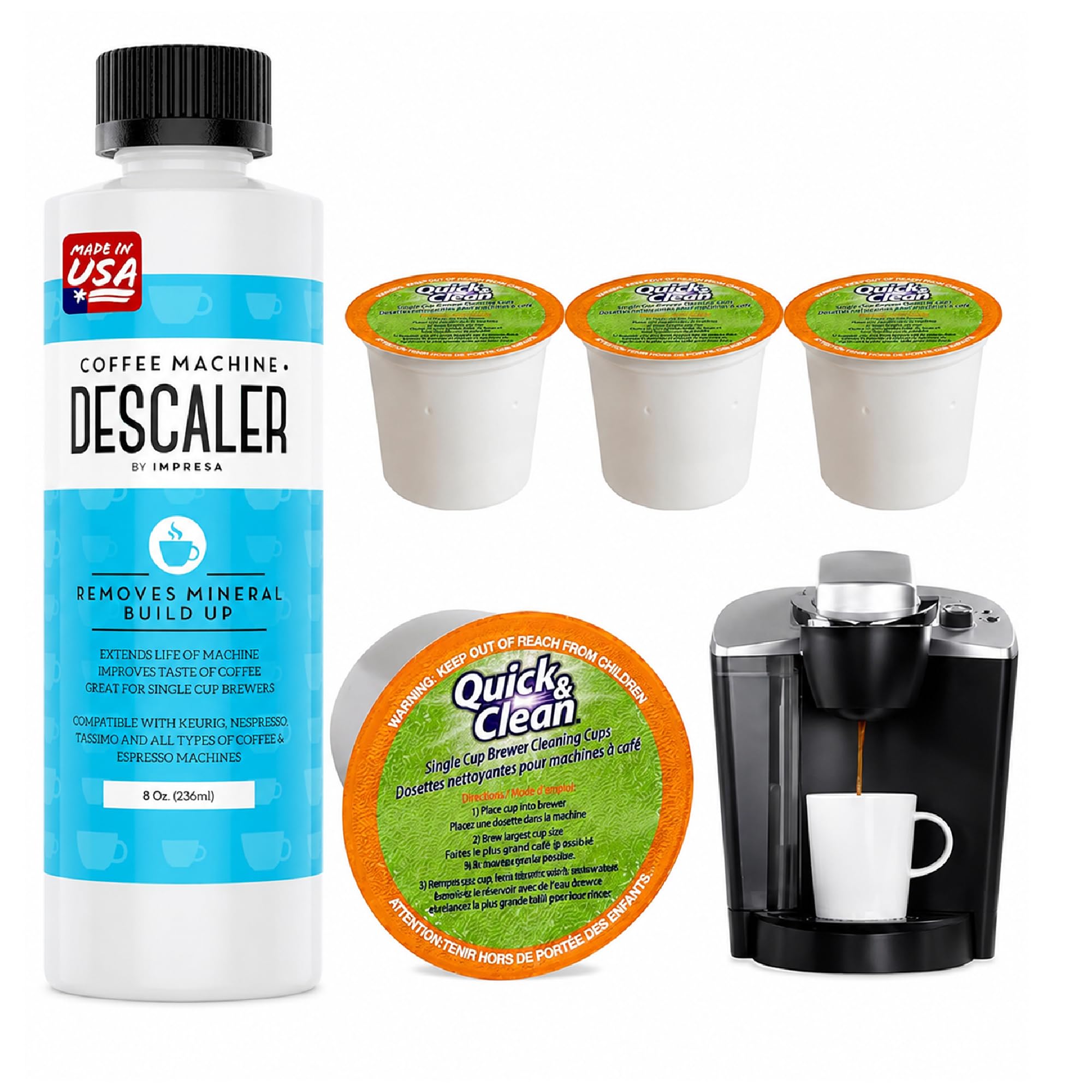 IMPRESA Coffee Machine Descaler &amp; Cleaning Bundle - Compatible with Keurig K-Duo &amp; K-Cup Brewers - 8 Oz Descaling Solution &amp; 4 Maintenance Pods - Coffee Machine Cleaning &amp; Pot Care Kit