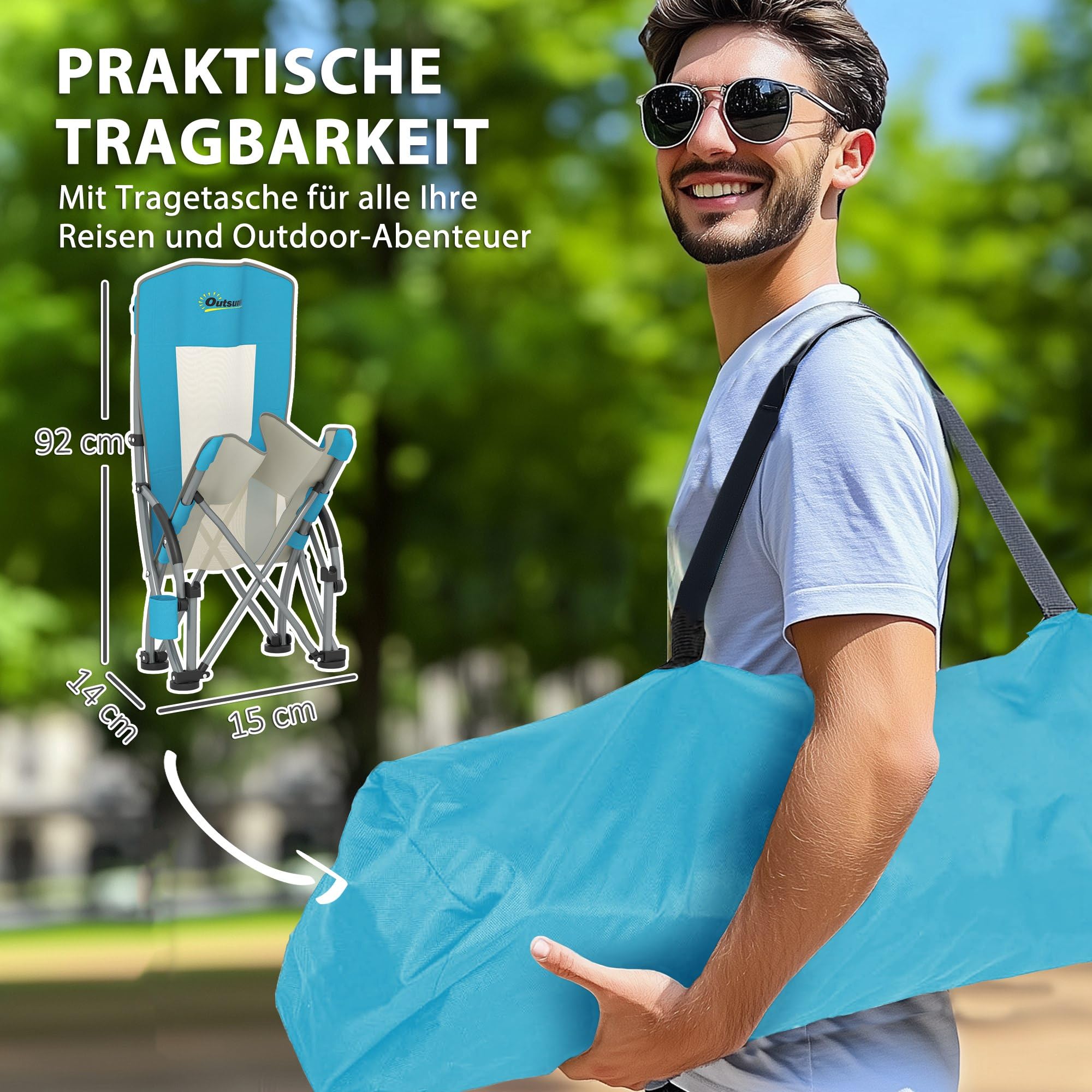 Outsunny Zestaw 2 krzeseł kempingowych, składanych, z uchwytem na napoje, oparcie z siatki, torba transportowa, składane krzesło wędkarskie, krzesło wędkarskie, do 120 kg, krzesło ogrodowe do ogrodu