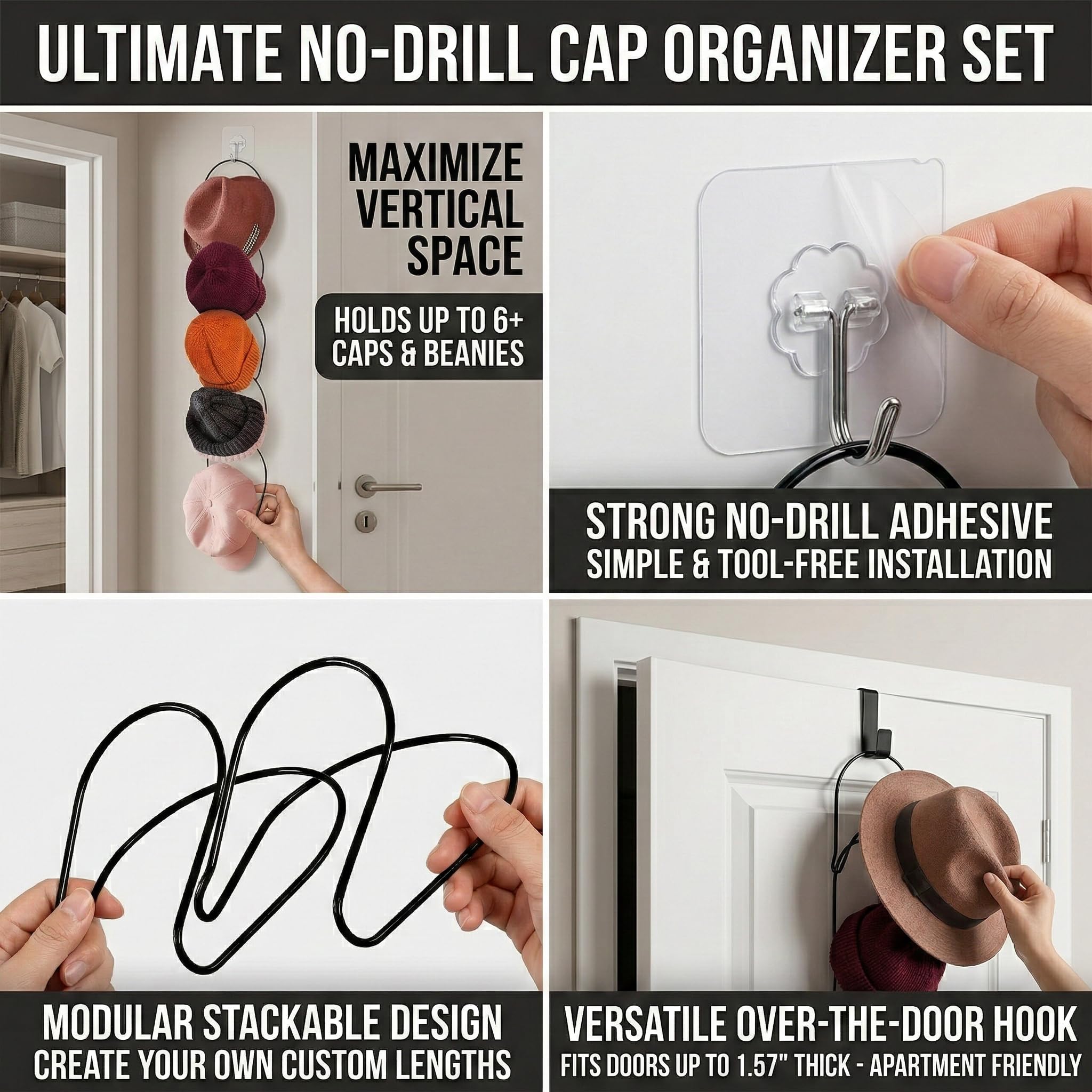 6 Supporti Porta Cappelli in Metallo da Appendere, Organizer Cappelli per Porta e Parete, Porta Cappelli Salvaspazio per Berretti, Sciarpe, Borse, Abbigliamento e Accessori