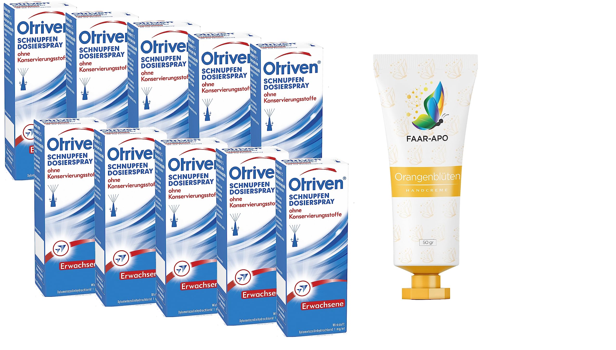 Otriven Nasenspray 0,1% Sparpack 10 X10 ml inkl. einer hochwertigen Handcreme Marke Faar-Apo