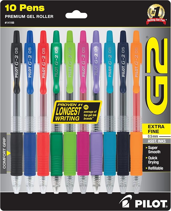 Pilot G2 Premium Bolígrafos retráctiles de tinta de gel, punta extrafina (0,5 mm), surtidos, paquete de 10 (14168)