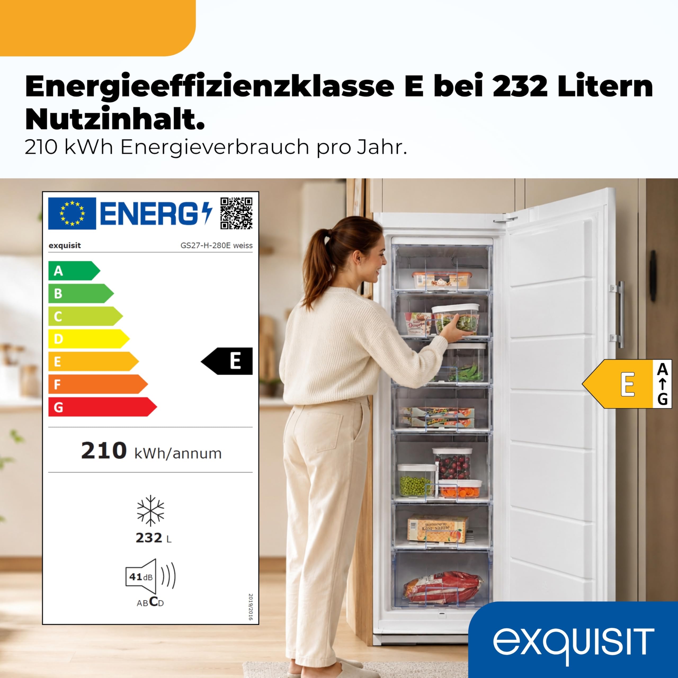Exquisit GS27-H-280E Gefrierschrank - 232 L Standgerät Tiefkühlschrank | 4-Sterne Gefriergerät mit Bigbox und 6 Schubladen, wechselbarer Türanschlag, Maße 163 x 60 x 65 cm, Energieklasse E