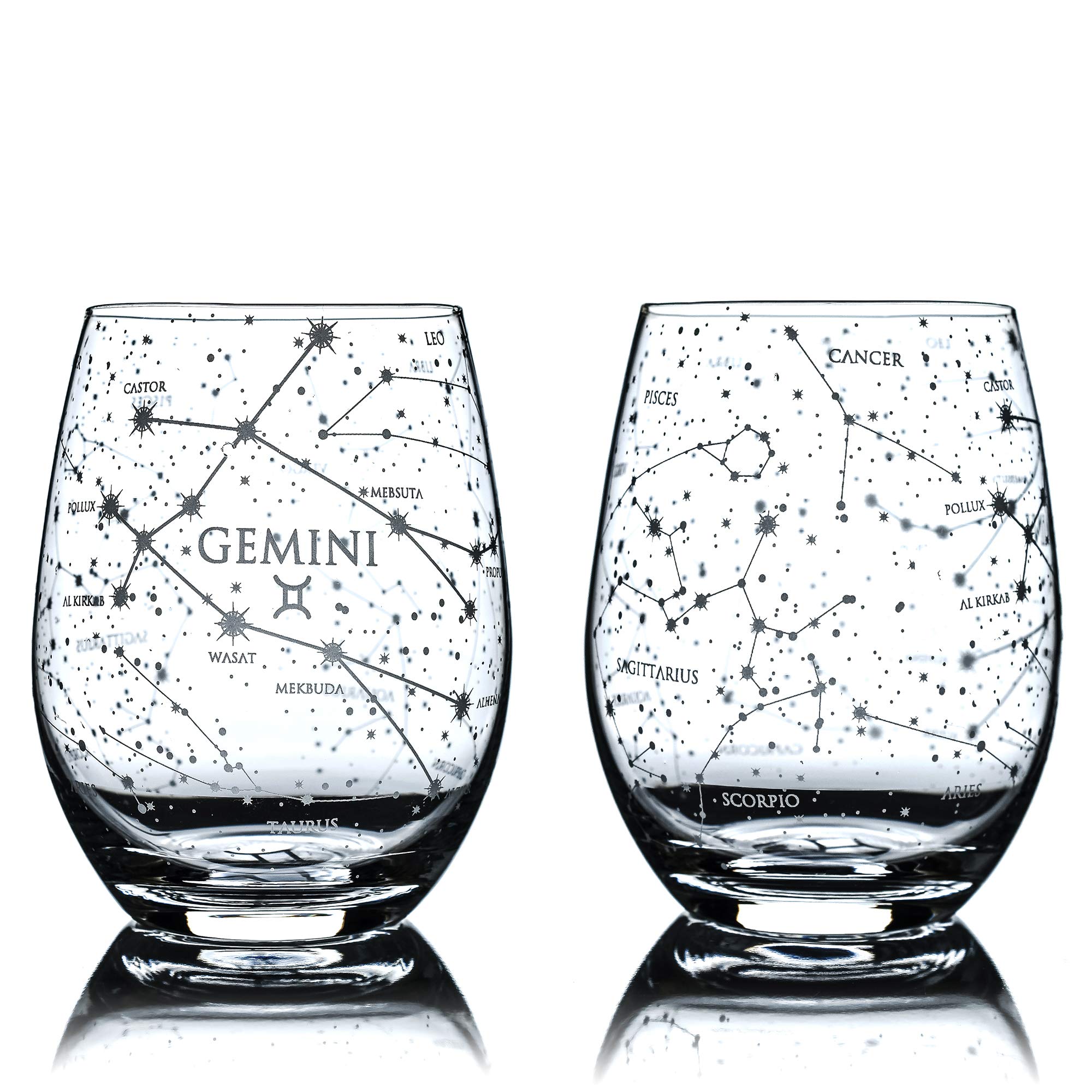 Greenline GoodsGemini Stemless Wine Glasses | Zodiac Gemini Set | Hand Etched 15 oz (Set of 2) - Astrology Sign Glassware