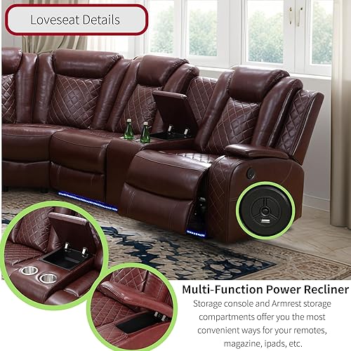 Miniatura 4 de Sofá reclinable eléctrico con luz LED para sala de estar, juego de sofá seccional reclinable de cuero de aire, soporte para tazas, consola de
