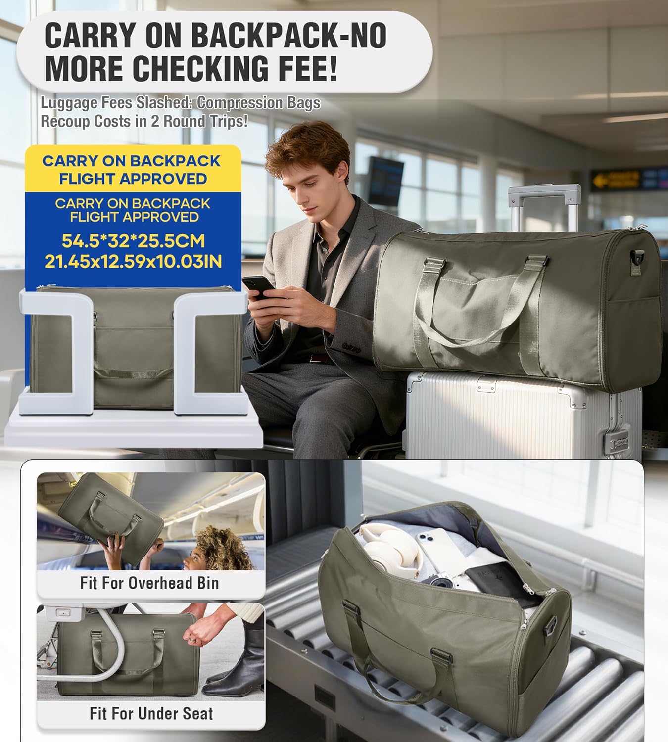 Convertible Garment Duffle Bags for Travel, Carry On Garment Bag for Women Men 2 in 1 Hanging Suit Bag, Large Weekender Bags for Business Trip Wedding Hanging Clothes Green - Image 2