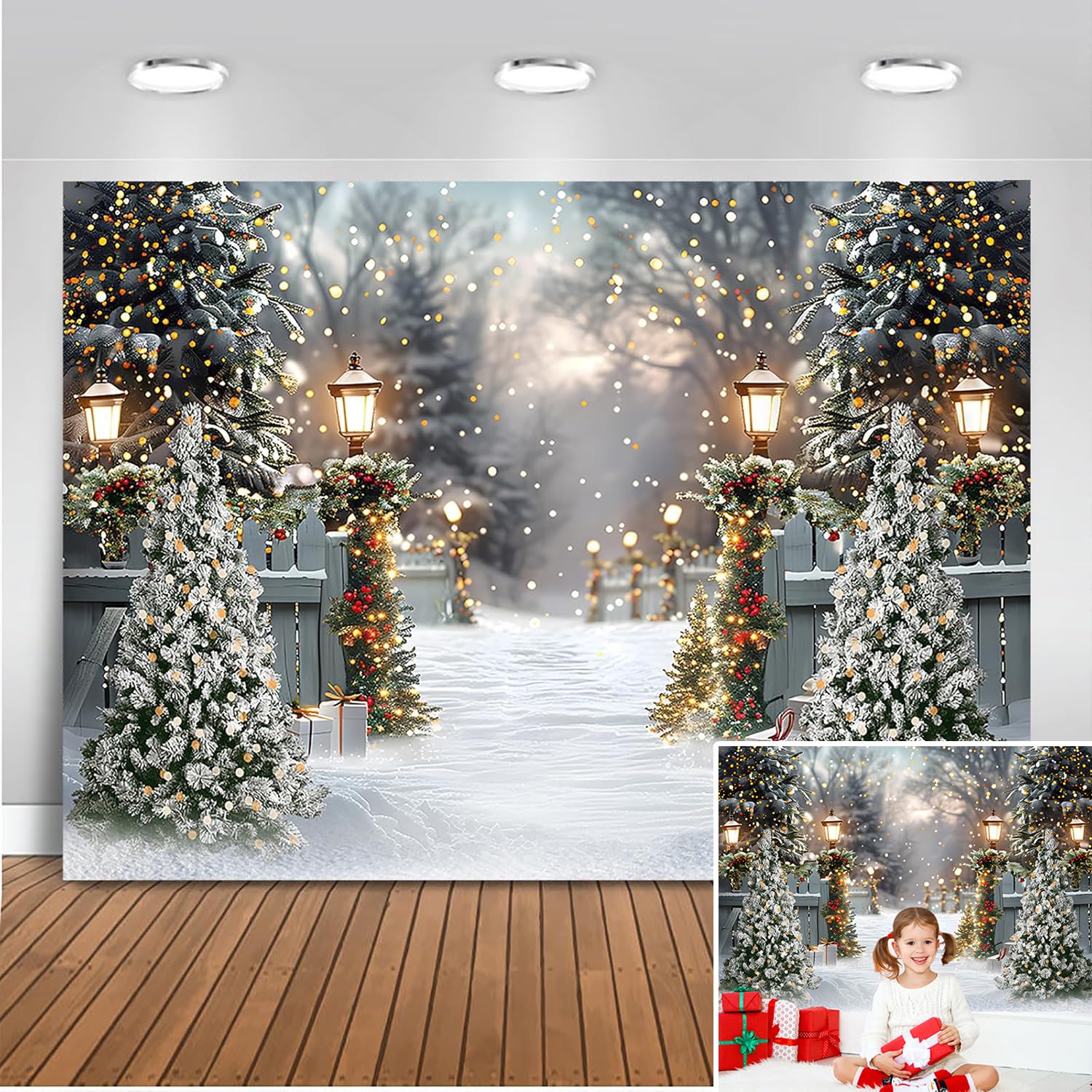 Mocsicka Winter Christmas Backdrop for Photography Snow Sence Christmas Glitter Bokeh Pine Tree Lamps Photo Backdrop Xmas Family Pictures for Kids