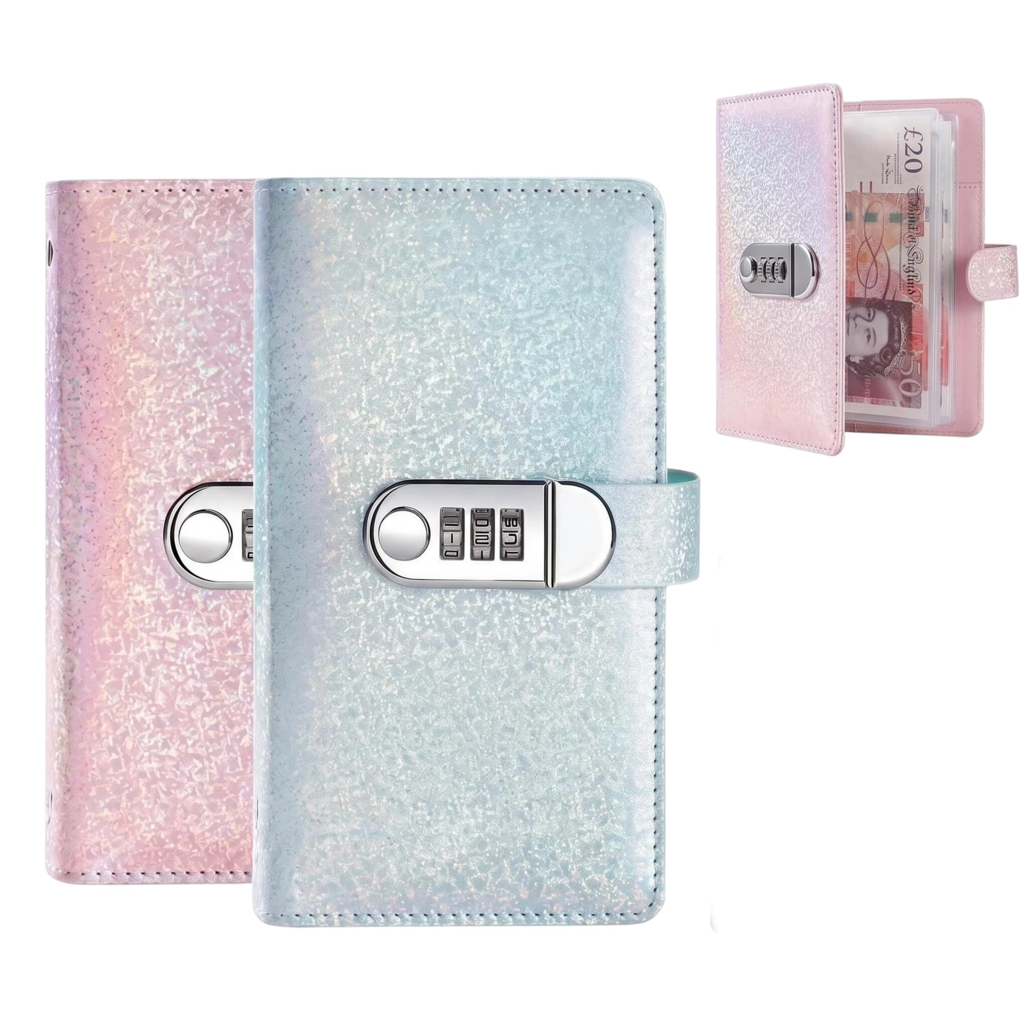 Larfraecy 2 Pack Money Saving Wallet with Lock 100 Envelopes Savings Challenge Book Budget Planner Binder for Cash Blue & Pink for Family Couple