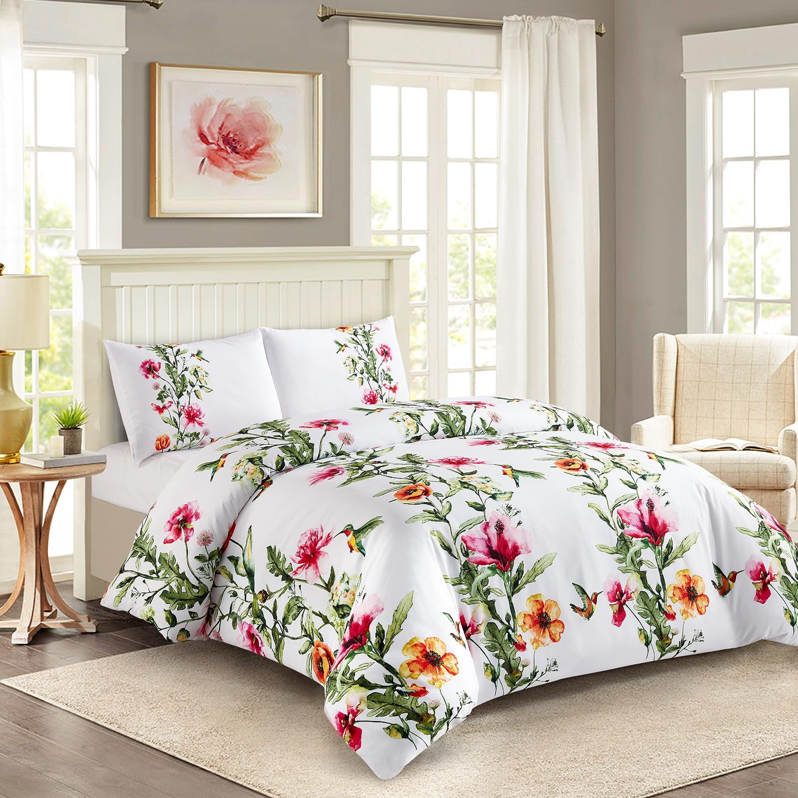 Edredón de flores para cama King estilo primaveral con almohadas decorativas