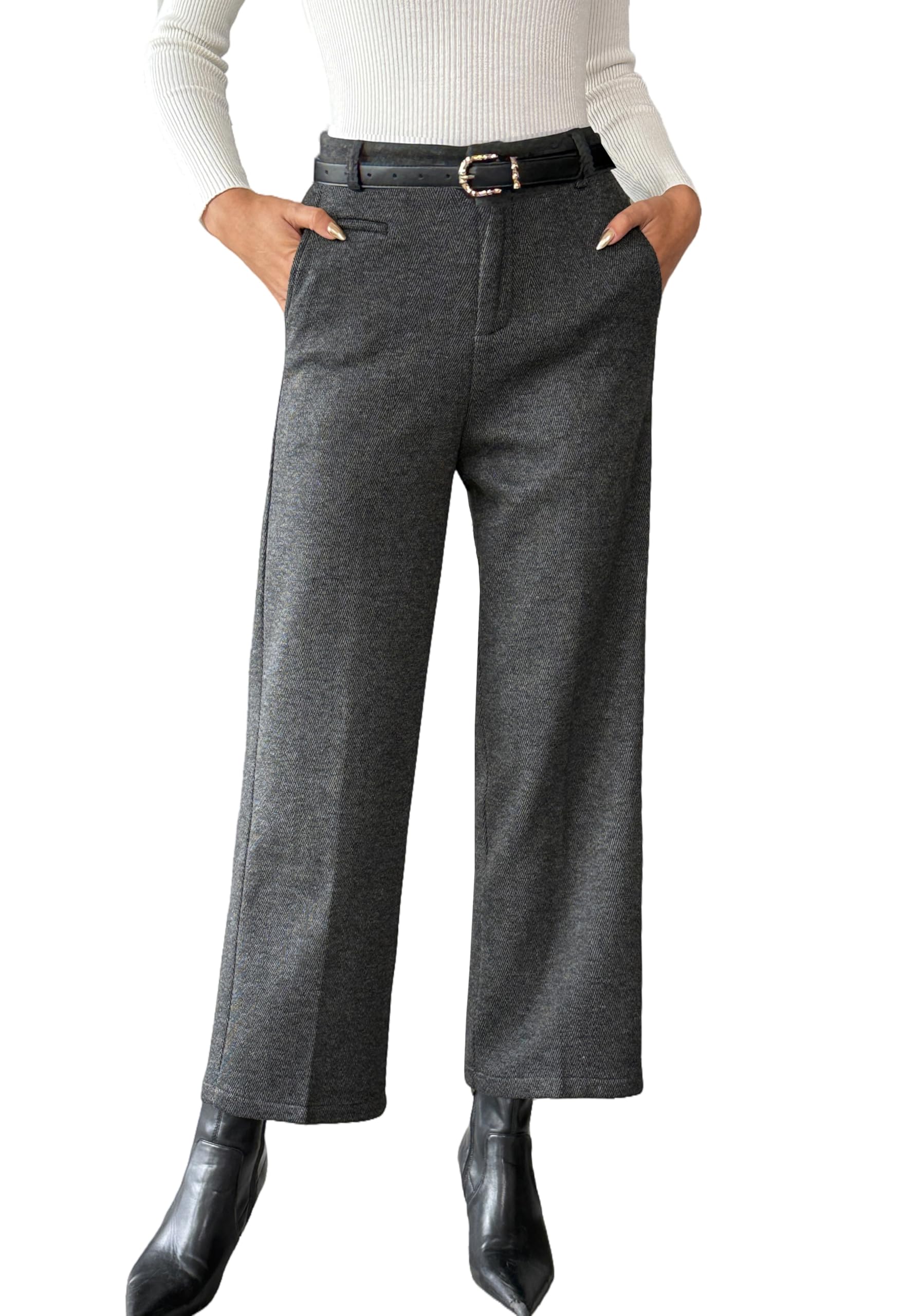 Womens Wool Blend Vintage Tweed Winter Pants Fleece Lined Thermal Wide Leg Crop Dress Casual Pants