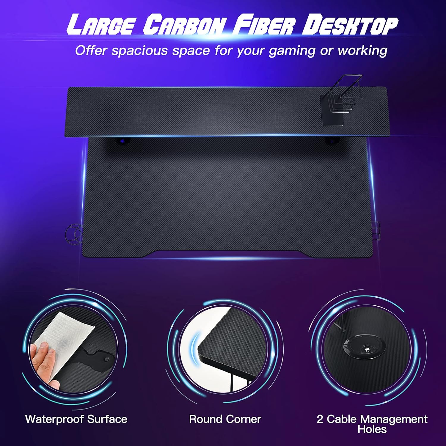 Tangkula Gaming Desk, Ergonomic Computer Desk w/Monitor Shelf, Game Handle Rack, Cup Holder, Headphone Hook & Speaker Stand, Home Office Gamer Workstation w/Carbon Fiber Surface (Black)