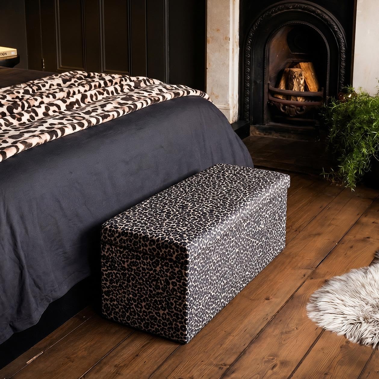 OHS Ottoman Storage Box Velvet Foldable Bed Bench with Lid, Leopard Print