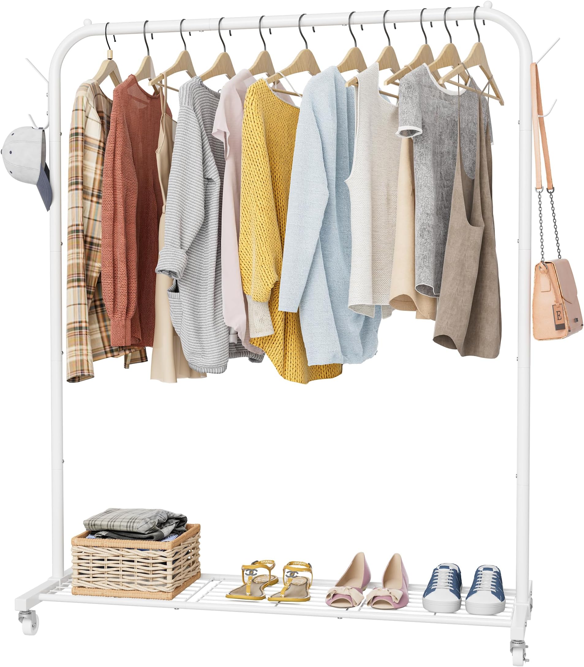 HOMIDEC Clothes Rail, Portable Clothes Rack with Hook and Metal Storage Shelf, Heavy Duty Clothes Rail on Wheels, Clothes Rails for Bedroom, Hanging Rails for Clothes, Holds up to 40 kg, White
