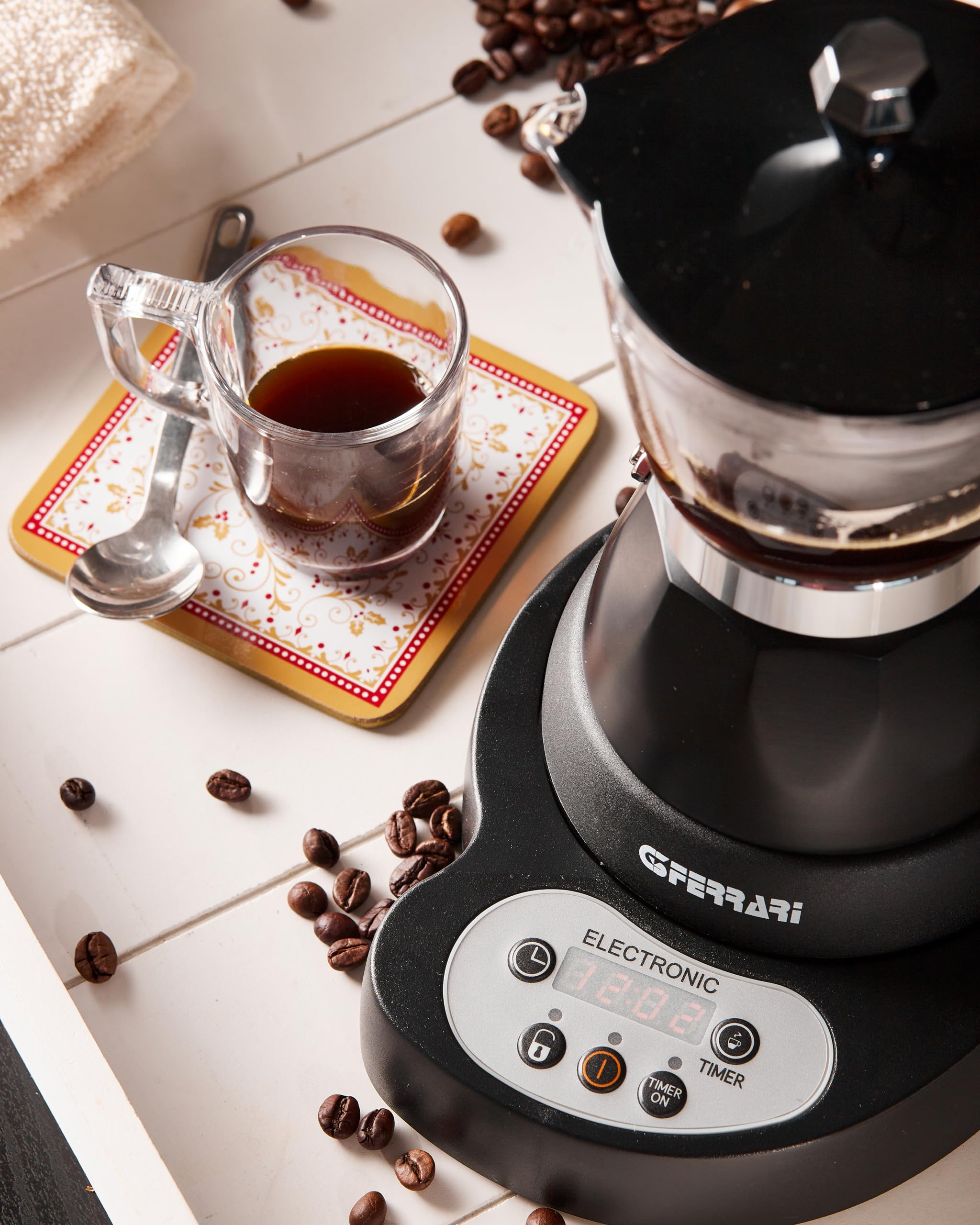 G3 Ferrari G10045 Risveglio Espresso - Cafetera moka eléctrica programable, 400 W, 3 tazas, aluminio, negro