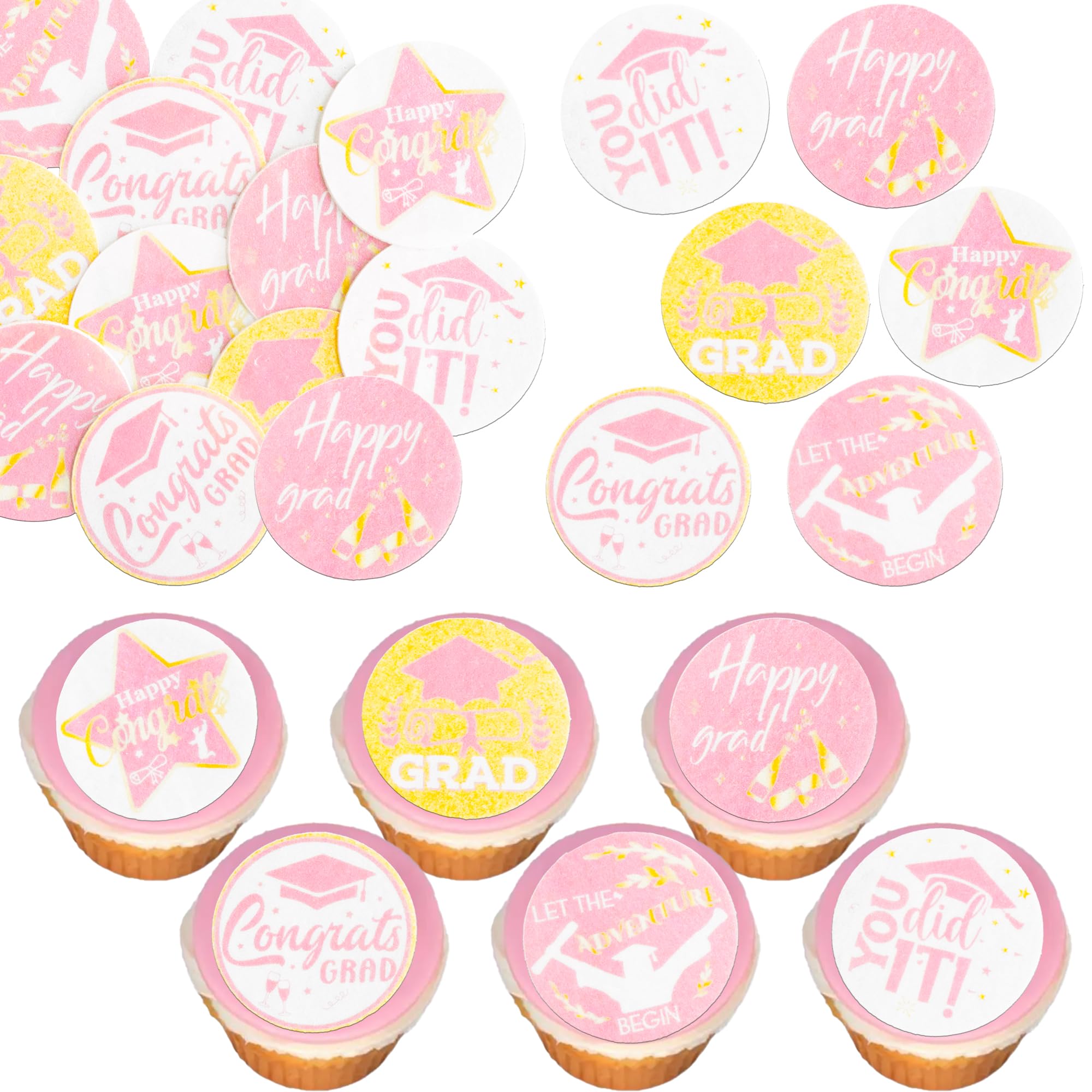 Gyufise 48Pcs 2026 Graduation Cupcake Toppers Wafer Paper Class of 2026 Cake Decorations Edible Congrats Grad Cupcake Picks for 2026 Graduation Theme Party Cake Supplies Gold Pink