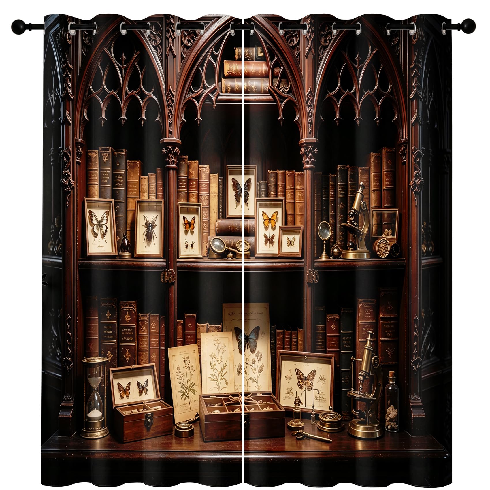 Bibliotheks-Bücherregal Vorhang Blickdicht H 240 x B 140 cm 2er Set | Vintage Insektenpräparat Buch Verdunklungsvorhänge Thermo mit Ösen, Fenster Deko Gardinen für Schlafzimmer Wohnzimmer