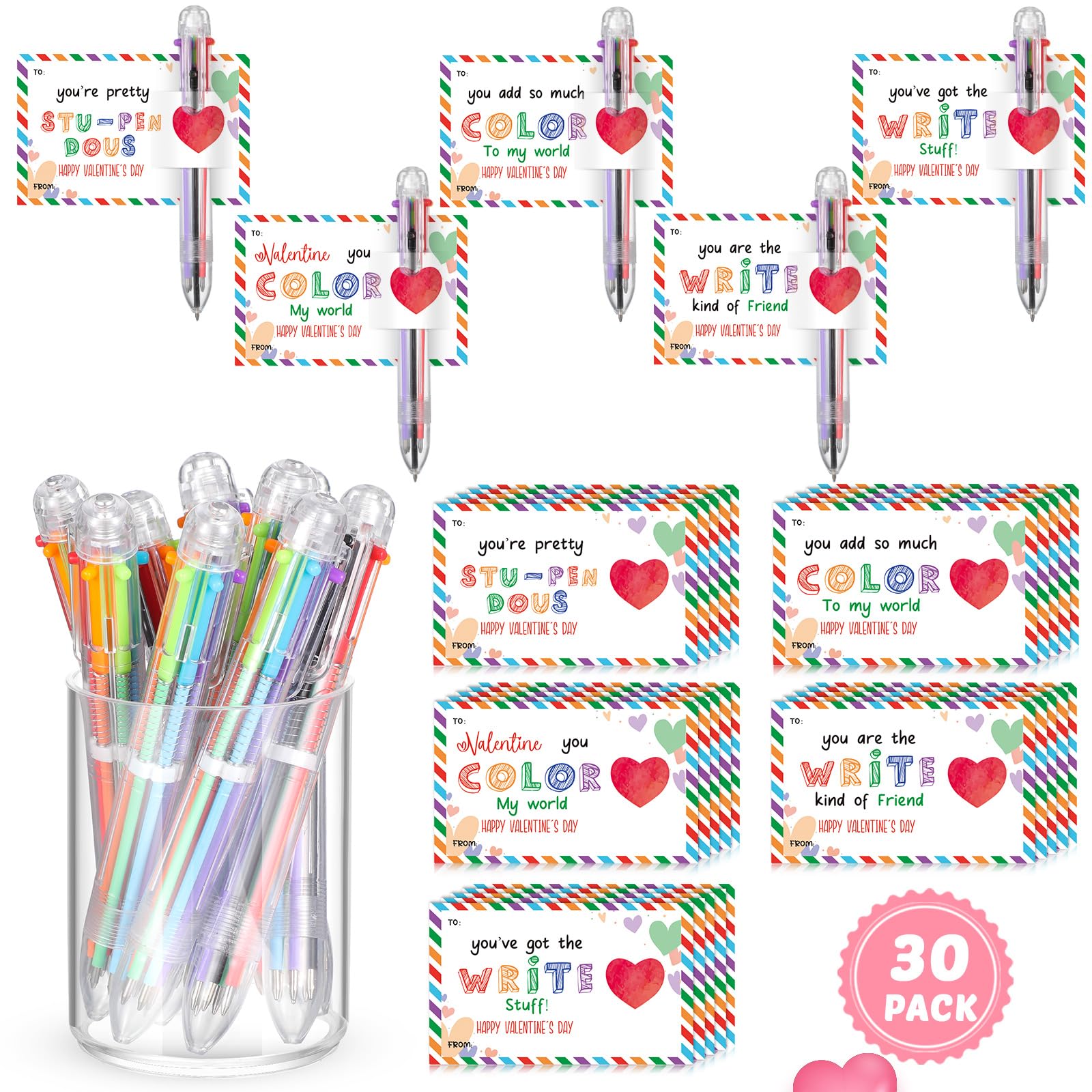 Sabary 50 Set Valentines Day Card and Multicolor Pen Gift Greeting Card and Retractable Multicolored Pen for Kids School Valentine's Day Student