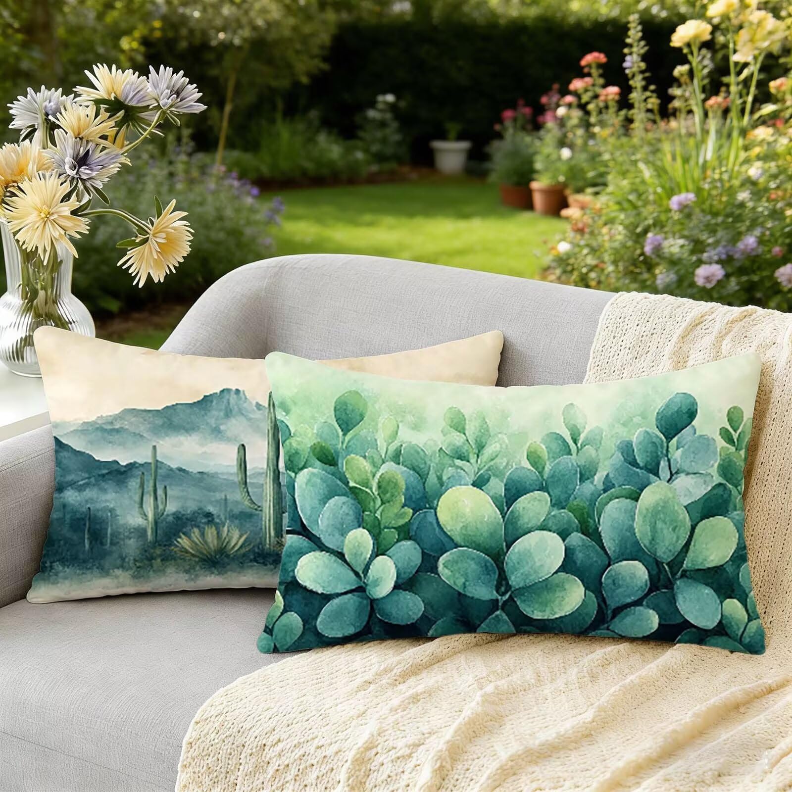 Housses de coussins rectangulaire anti-humidite vert 50 x 70 cm pour proteger vos canapes de jardin Cactus W-1