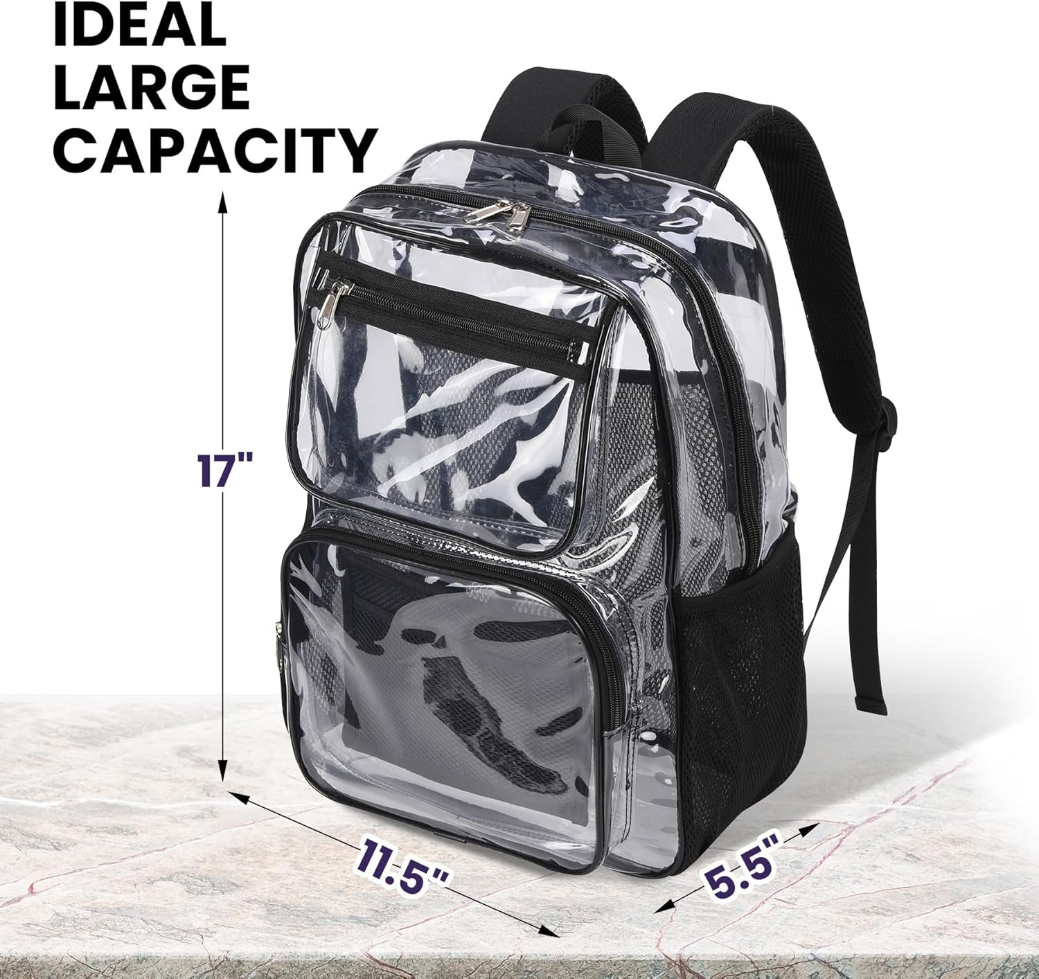 Organized Kids/Big Kid Unisex Clear Backpack and Double Lunch Bag Set, Black, 17" H x 12" W x 5" D, 16.69L, 3 Compartments, Waterproof, Adjustable Straps, School Backpack, Set of 3 - Image 2