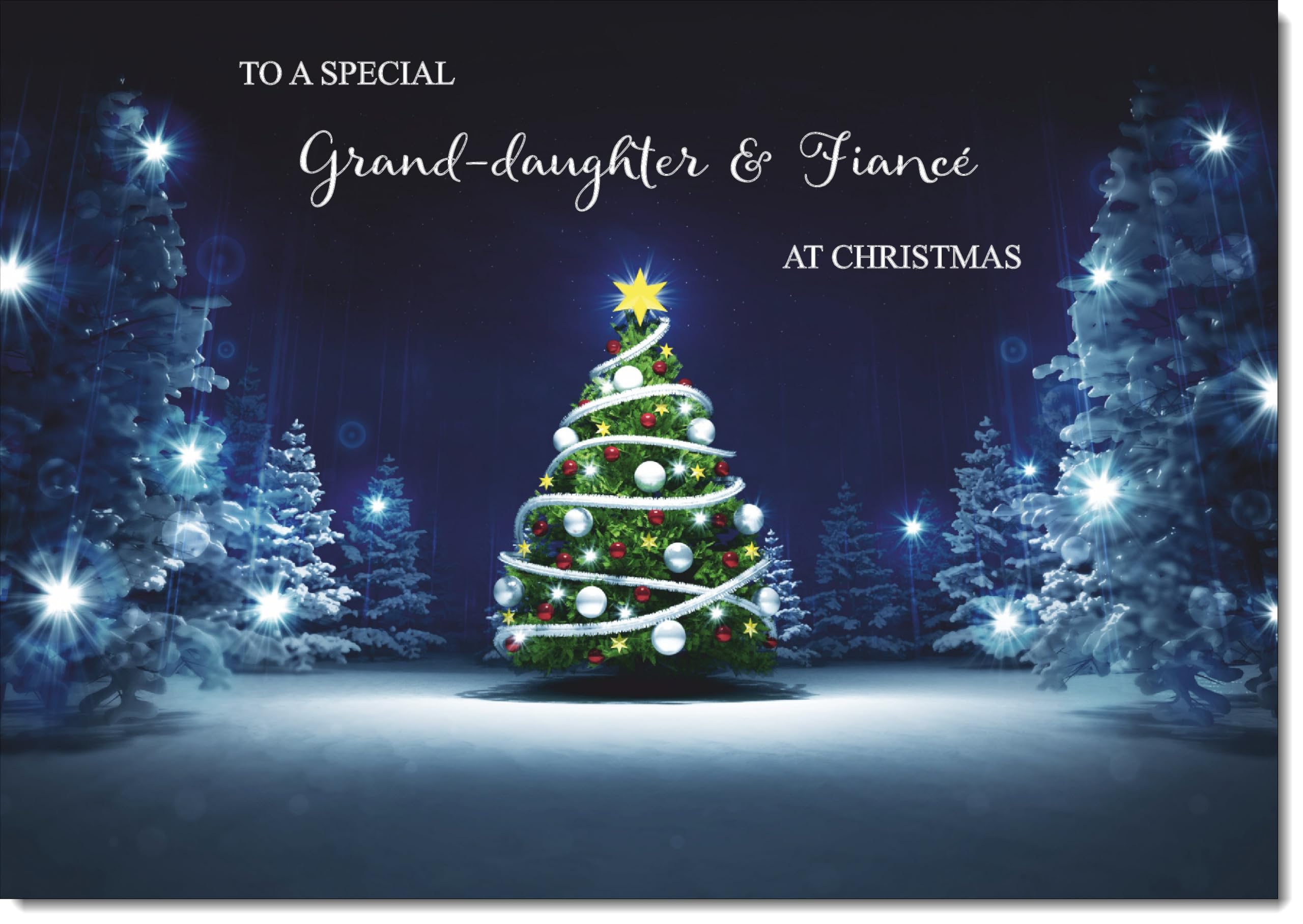 doodlecards Granddaughter and Fiance Christmas Card Tree in Dark Sky Large A4 Size Christmas Card for Granddaughter & Fiance with Plain Envelope