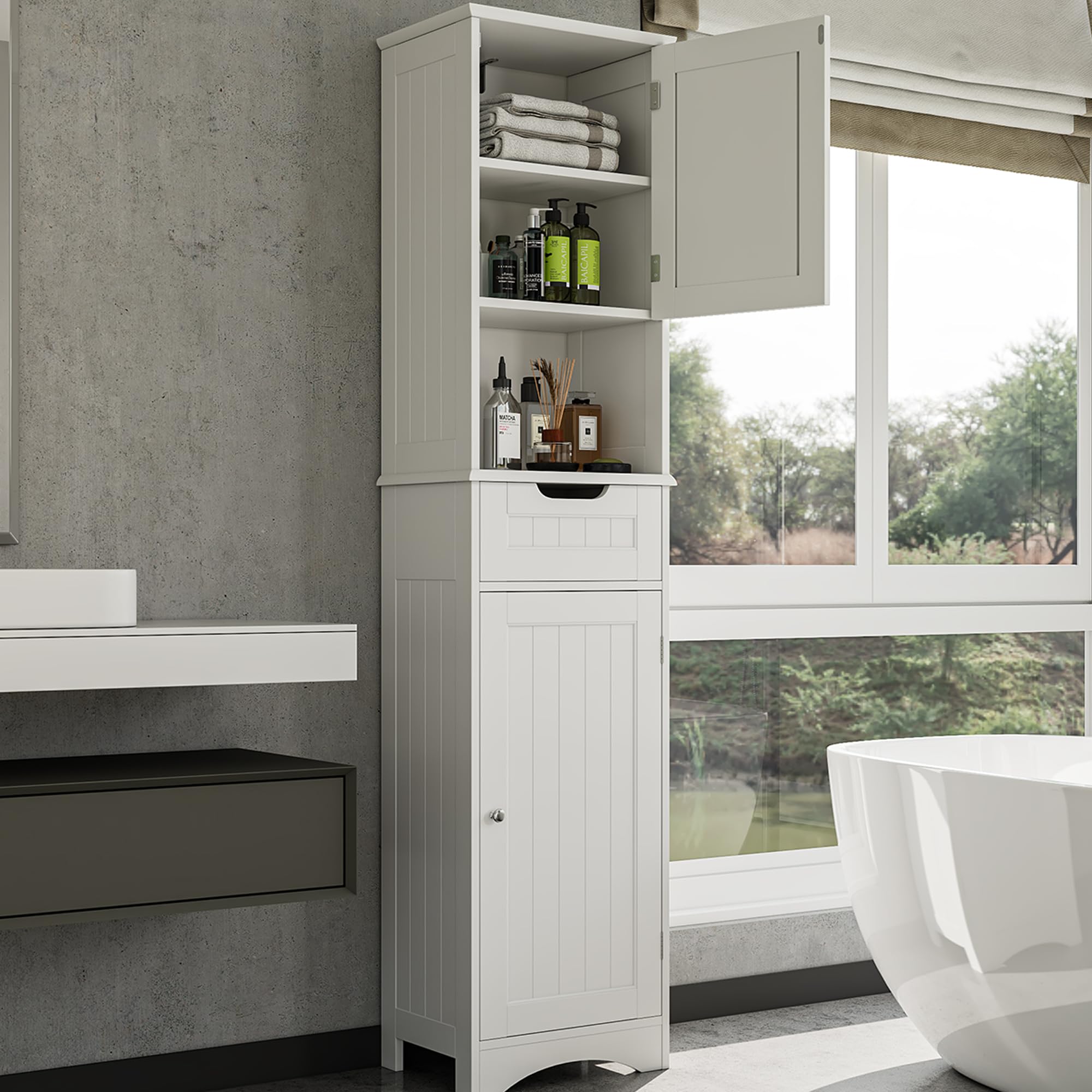 Bealife Hoher Badezimmerschrank, Aufbewahrungsschrank mit Offenem Fach, Badezimmerschrank mit Verstellbaren Einlegeböden für Bad, Wohnzimmer, Küche, Weiß, 30 x 40 x 170 cm