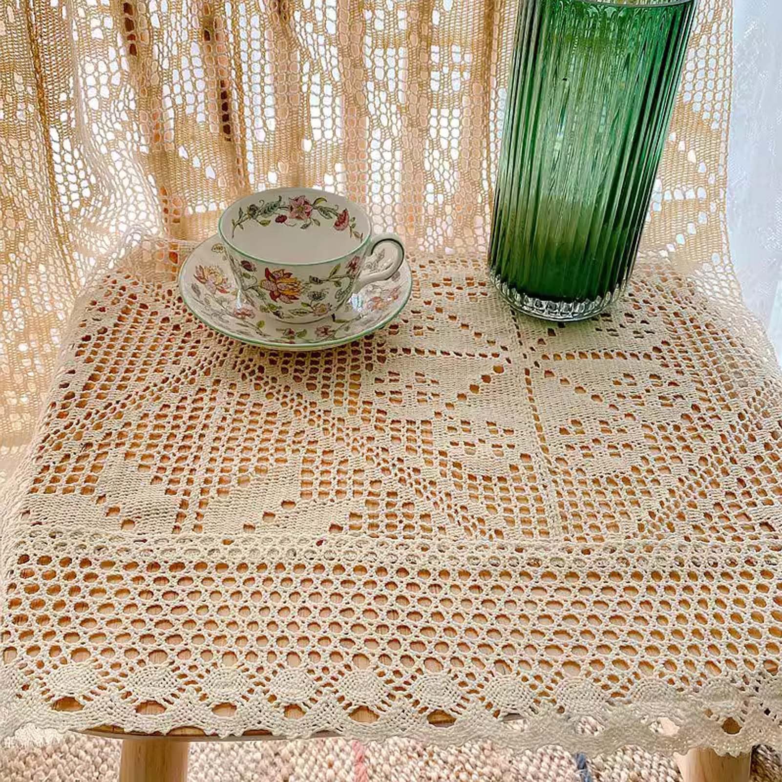 Rideau Transparent en Dentelle Bohème, Rideaux de Fenêtre en Coton Et Lin avec Passe-Tringle, Rideau à Motif Géométrique Rustique Beige avec Pompon pour Salon, Chambre à Coucher, 1 Panneau