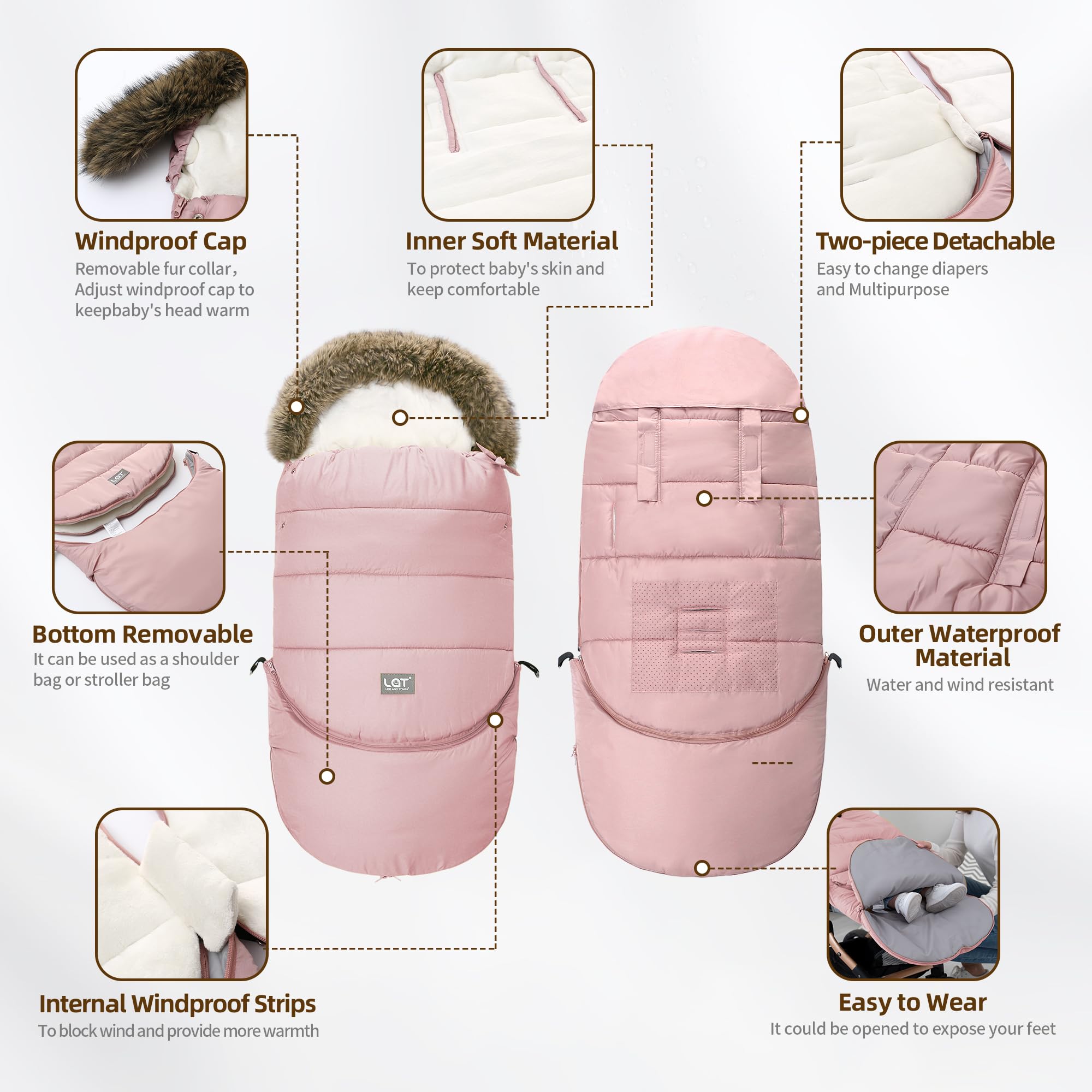 LAT Baby Warm Bunting Bag Universal,Extended and Removable,Stroller Sleeping Bag Cold Weather,Waterproof Toddler Footmuff - 4